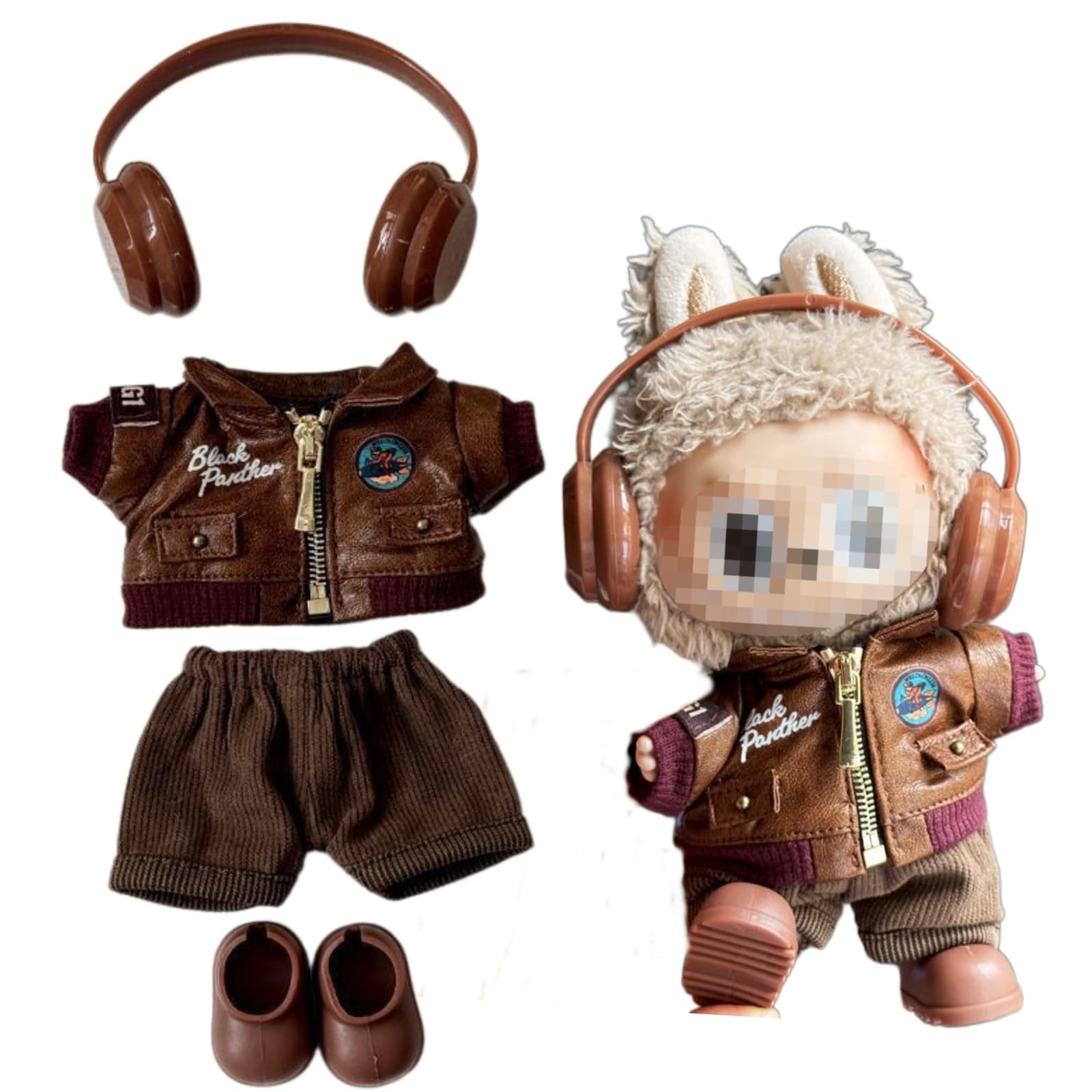 for Labubu Retro Outfit Set – Vintage-Inspired Brown Ensemble with Jacket, Shorts, Shoes, Headphones or Goggles (Retro Outfit Set Without Goggles)
