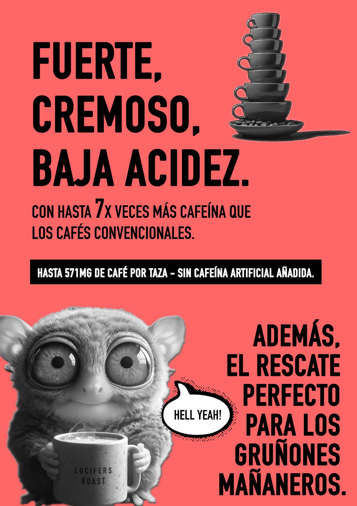 LUCIFERS ROAST 1kg granos de café por KIQO de Italia - espresso muy fuerte - baja acidez - para máquinas de café o portafilter - 100% Robusta (grano de café, 1kg)