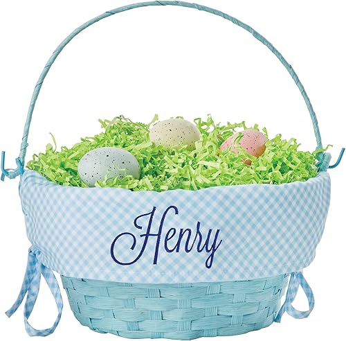 Cesta de huevo de Pascua personalizada con asa y nombre personalizado en escritura azul marino | Forro de canasta de Pascua de guinga azul | Cesta
