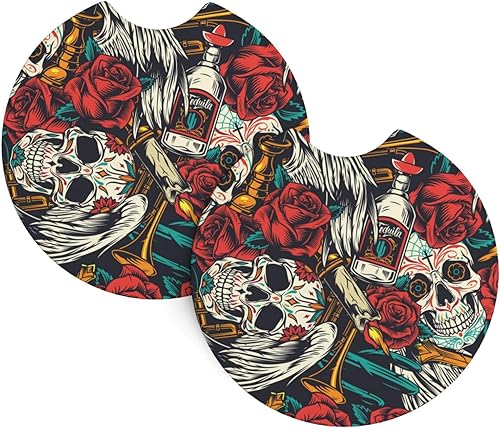 Sugar Skull Rose Car Cup Holder Coaster 2 Pack Car Coasters for Cup Holders, Cute Rubber Car Coasters with Notch Car Cup Coasters Car Accessories