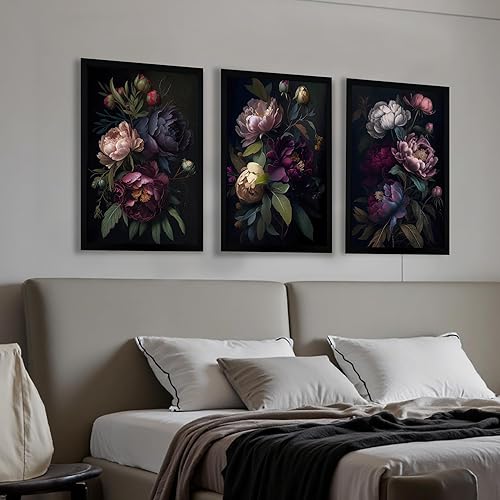 Miniatura 3 de Krtoni 3 piezas de arte de pared enmarcadas de flores oscuras, impresiones de lienzo floral de peonía negra neutra, rústico, bohemio, flores