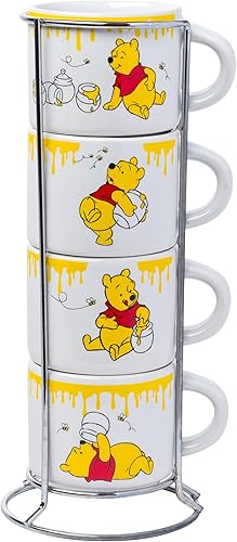 Silver Buffalo Disney Winnie the Pooh Honey Hunny Drips - Juego de 4 tazas pequeñas apilables de cerámica para expreso, 3 onzas