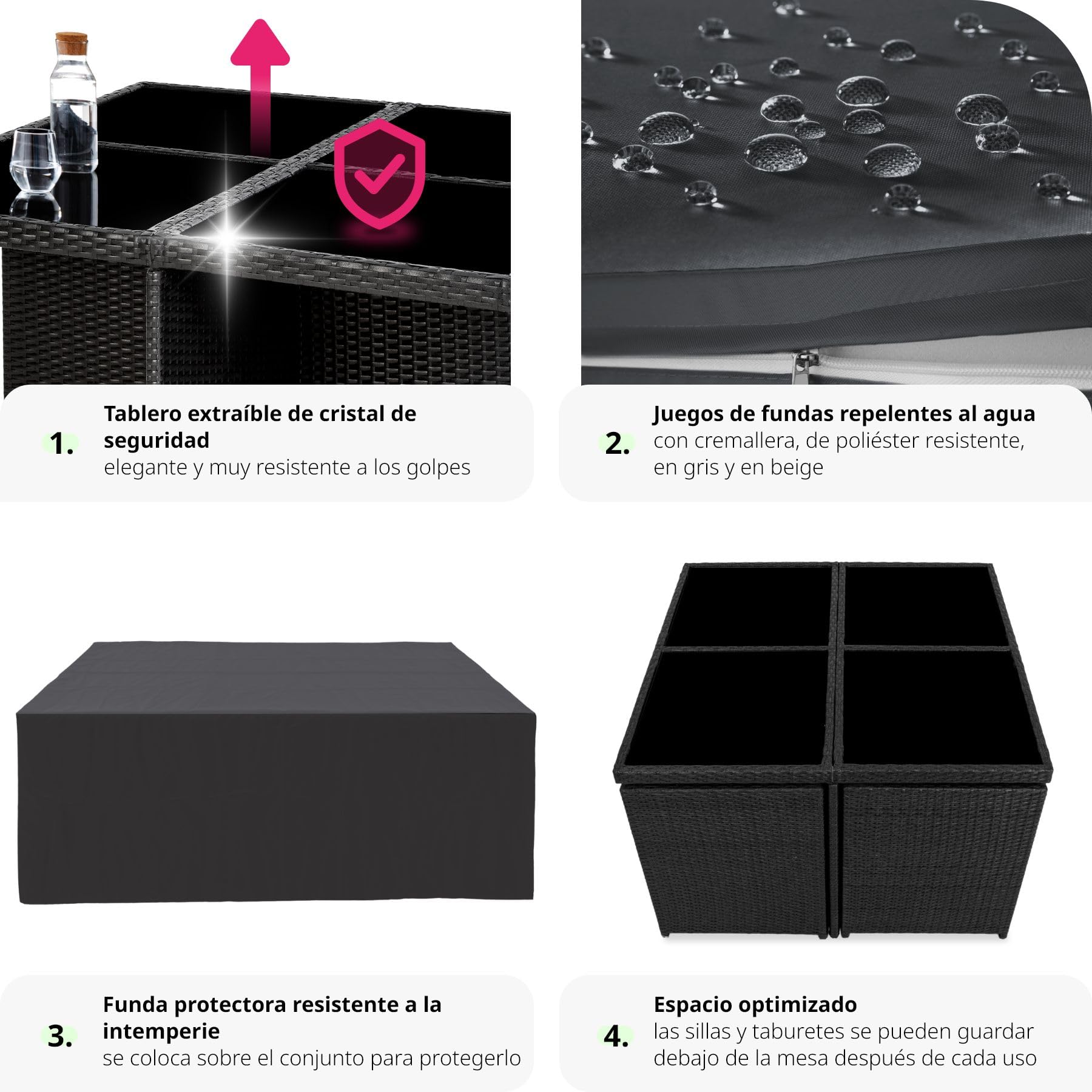 tectake® Conjunto Jardín Exterior de Ratán y Aluminio, Muebles Jardín Exterior Resistentes a la Intemperie, para hasta 8 Personas, con 2 Juegos de Fundas y Funda Protectora - Negro
