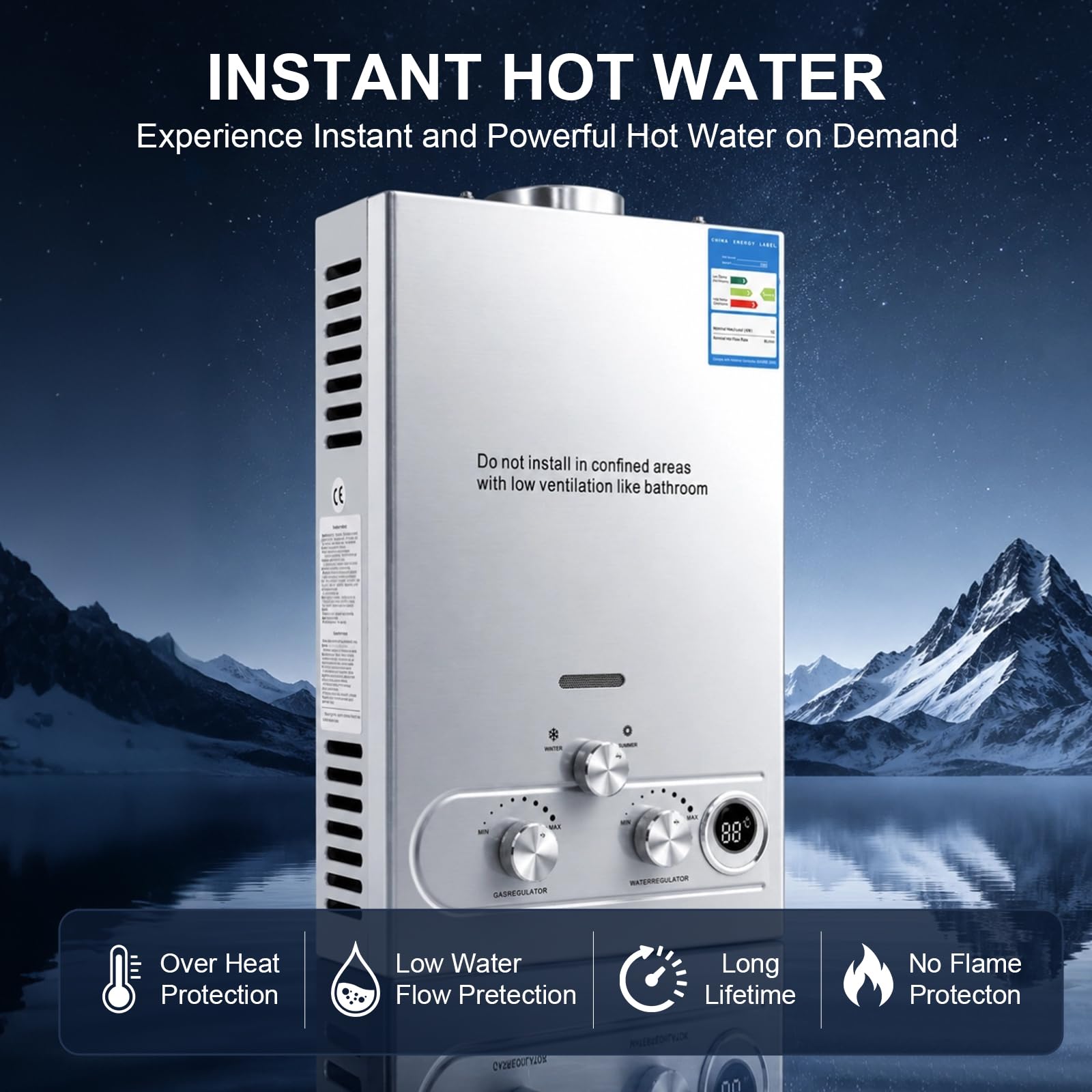 18L 36KW Calentador de Agua de Gas GLP 18L/min Butano y Propano Calentador de Agua LPG Instantáneo Portátil,Válvula de Actualización, para Ducha Al Aire Libre,Baño,Camping