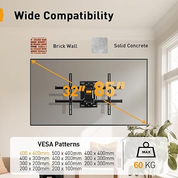 Perlegear PGLF6 TV Wall Mount for 32-85 Inch TVs up to 60 kg Swivelling and Tilting Wall Mount with Tool-Free Tilt Max VESA 600 x 400 mm