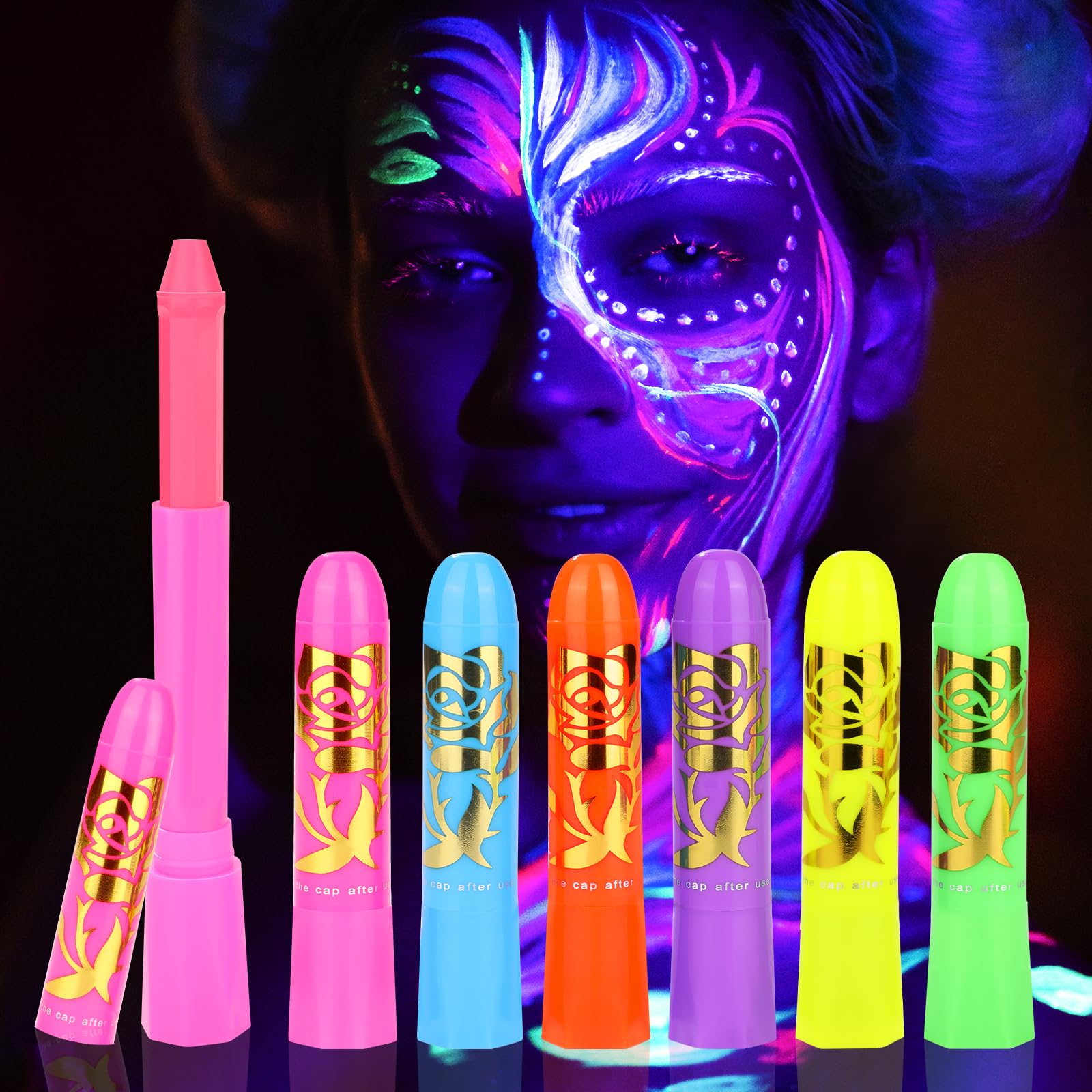 6PCS Glow in the Dark Body & Face Paint Sticks, Makeup Face Paint Kit for Kids and Adults Halloween Club, UV Black Light Birthday Party Masquerade Neon Glow Party Supplies