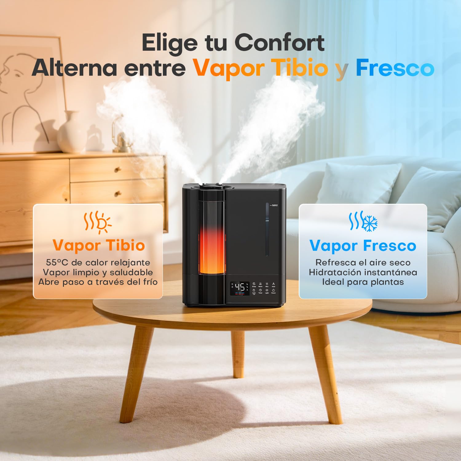 AROEVE Humidificador de Aire 8L, Ultrasónico Frío y Caliente, Sensor Humedad, 60H Silencioso