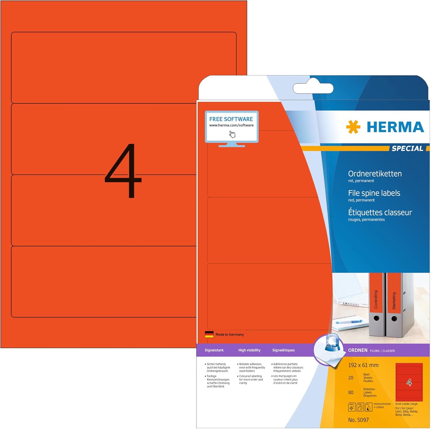 HERMA Self Adhesive Lever Arch File Labels, 4 Labels Per A4 Sheet, 80 Labels for
