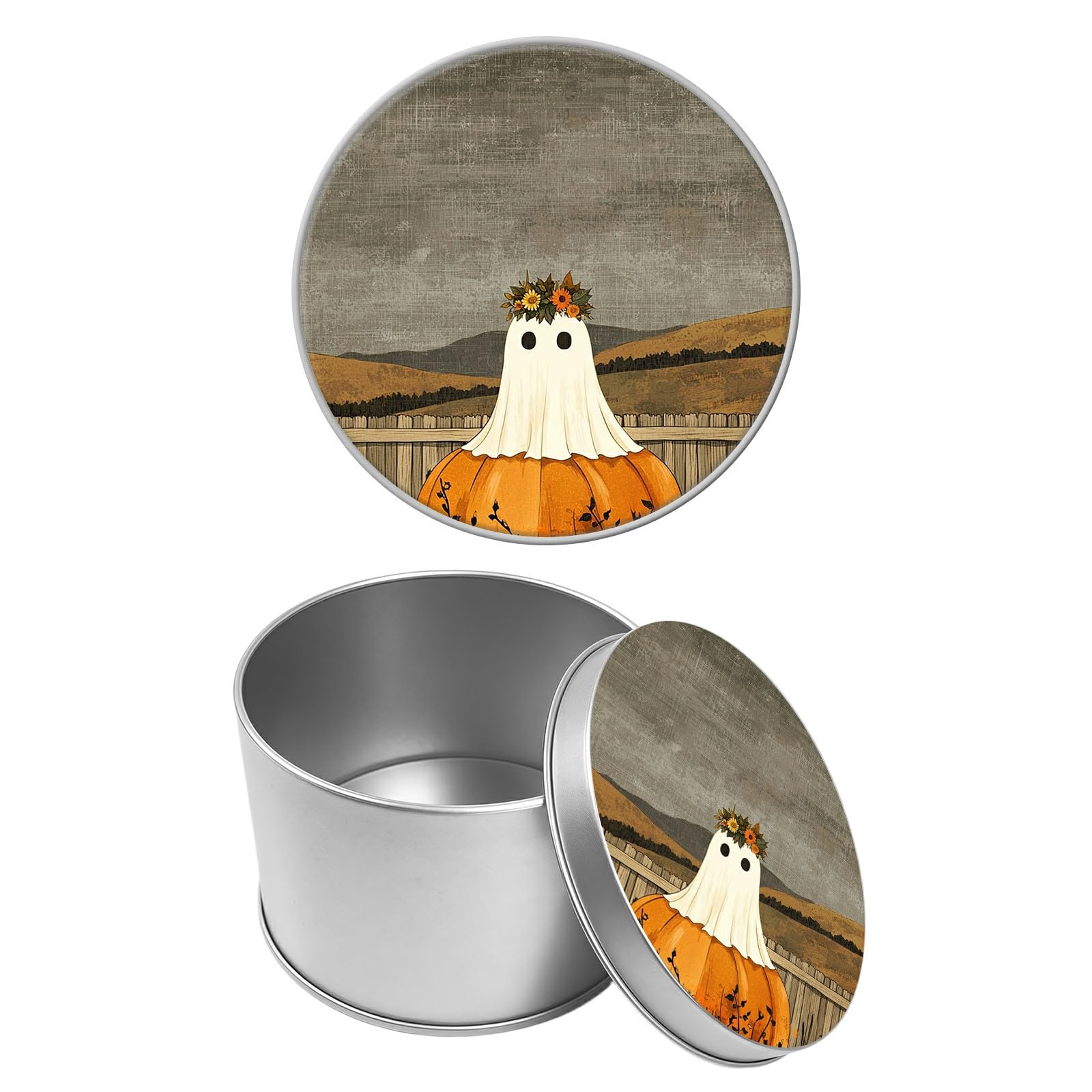 Round Metal Tin Container with Removable Lid, Ghost Pumpkin Durable Metal Storage Box for Cookies Spices Tea Candies Cakes Jewelry Cosmetics 3.54 x 2.36 inch– Single Pack