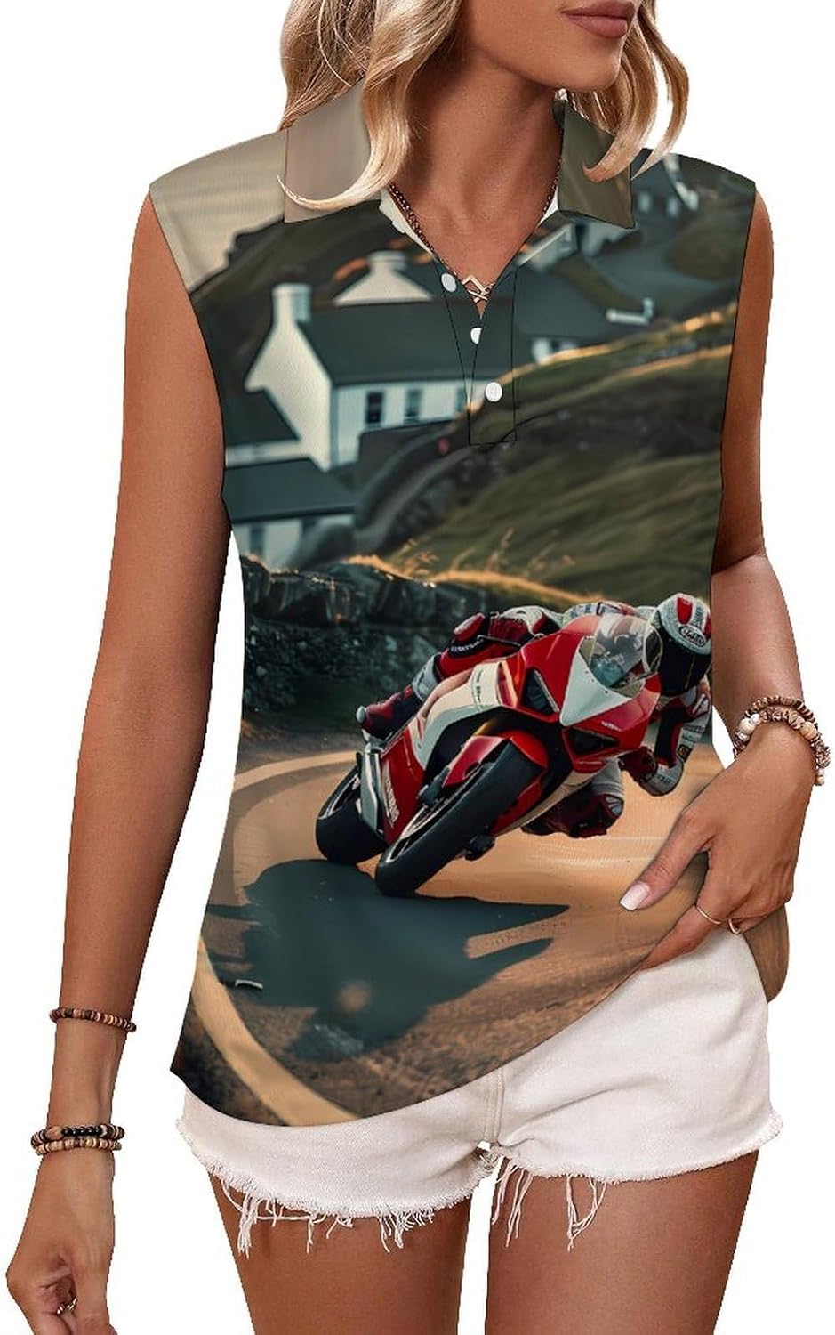 Isle of Man Motorcycle Women Sleeveless Collared Golf Polo Shirt | V Neck Tank Top,Breathable Tennis Shirts