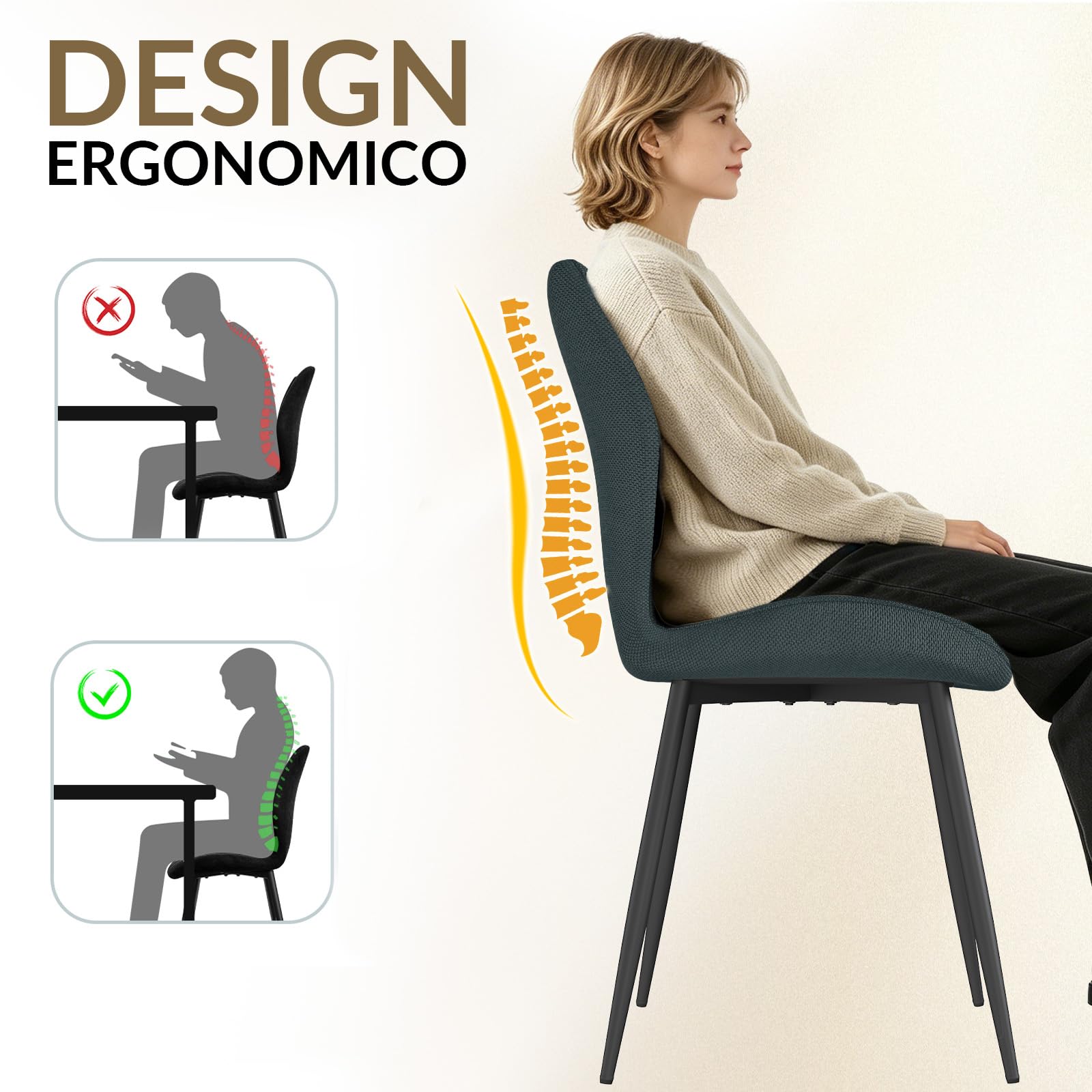 JIJIAN Set di 6 Sedie Sala da Pranzo, Sedie da Cucina, Sedia imbottita,Sedia da Soggiorno, Schienale in Tessuto e Gambe in Metallo, Ideale per Sale da Pranzo, Cucine e Soggiorni, Grigio Scuro
