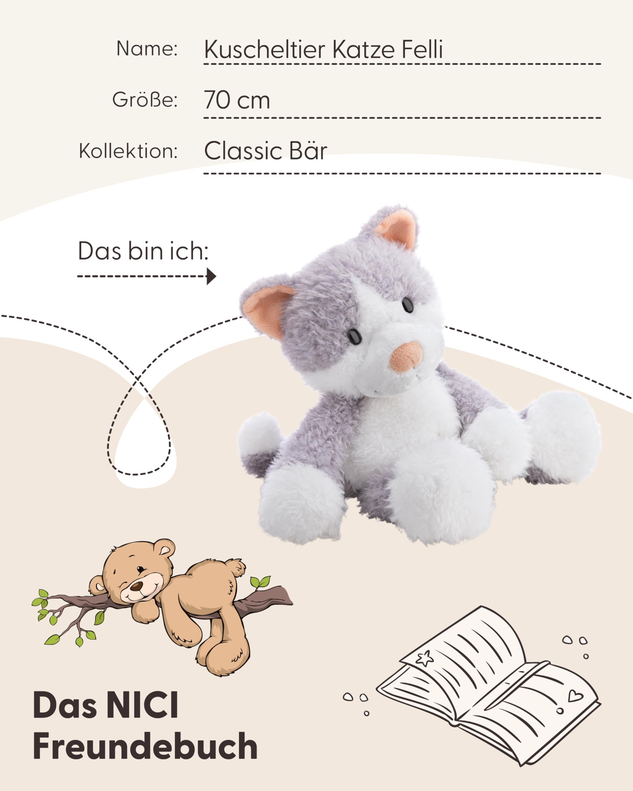NICI Kuscheltier Katze Felli 70cm - grau - 62967 | Stofftier aus weichem Plüsch, niedliches Plüschtier zum Kuscheln und Spielen, für Kinder & Erwachsene, tolle Geschenkidee