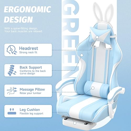 Miniatura 7 de Ferghana Kawaii - Silla de juegos azul claro con orejas de conejo, ergonómica y bonita silla para jugadores con reposapiés y masaje, silla
