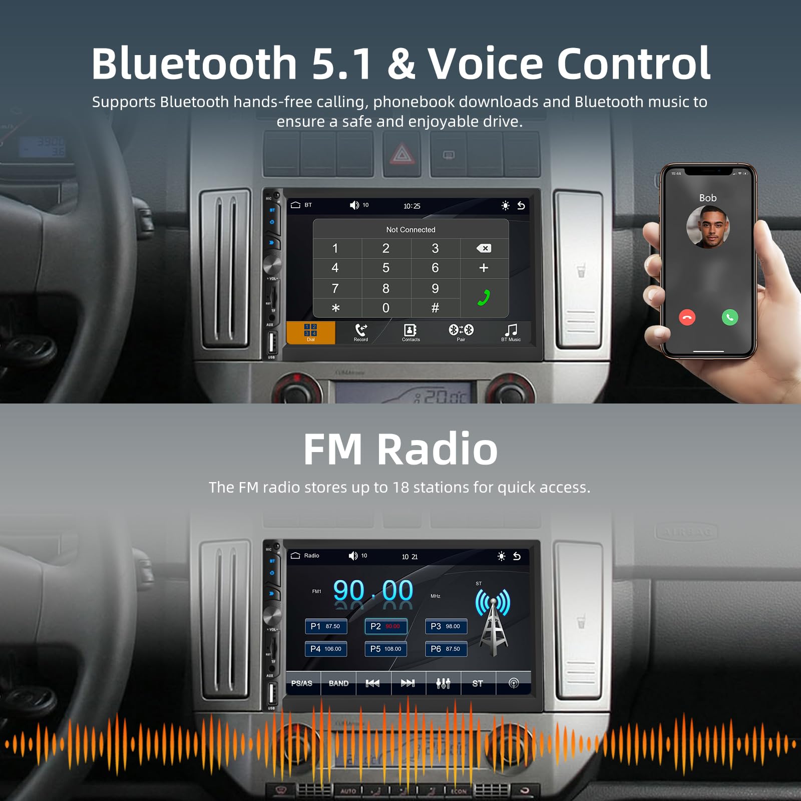 Radio de Coche 2 DIN con Carplay Inalámbrico y Android Auto - Radio de Coche con Pantalla Táctil de 7 Pulgadas con Mirror Link EQ Bluetooth Radio FM SWC AUX USB + Cámara de Visión Trasera