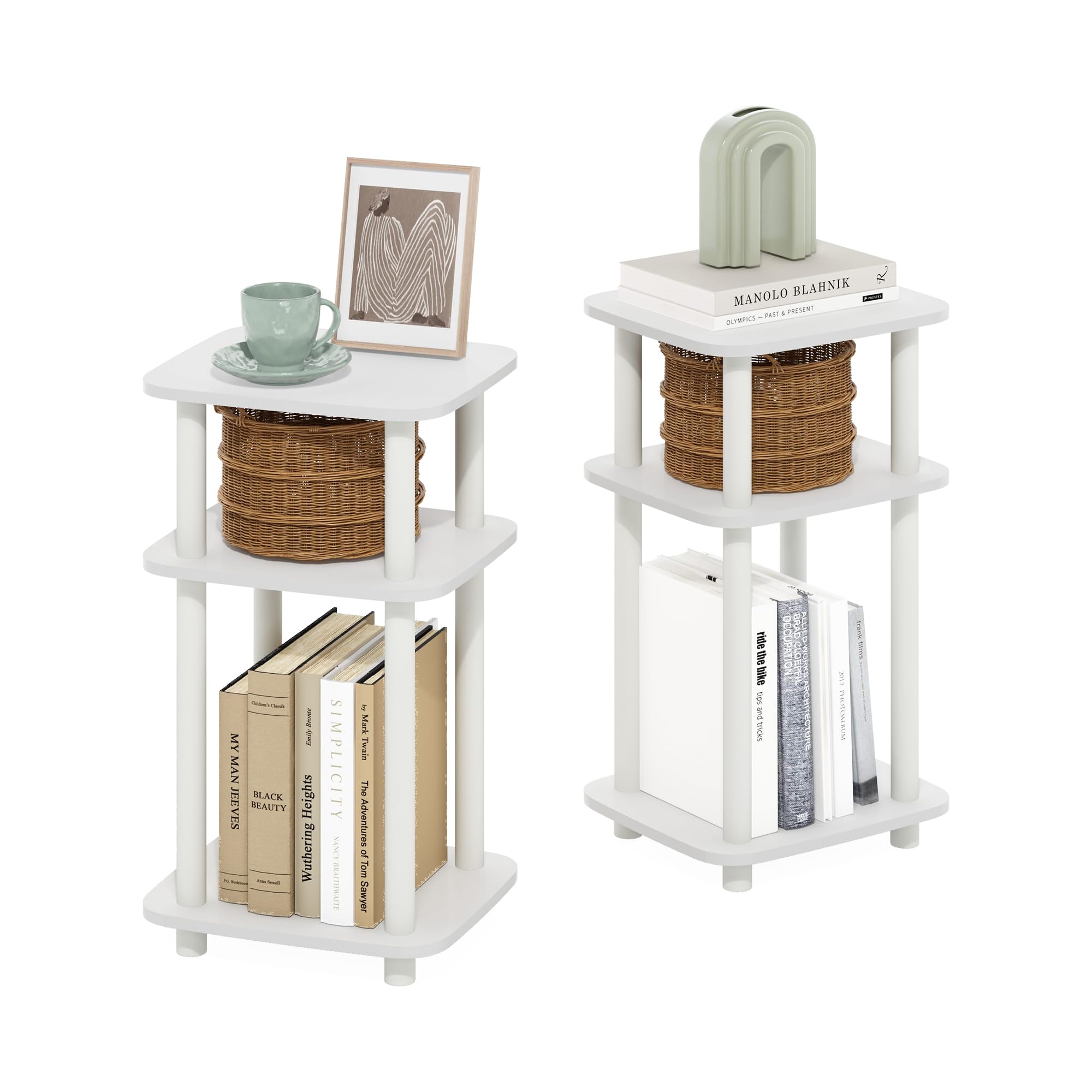 Furinno Just Juego de 2 mesas auxiliares de 3 Niveles con Estante Abierto y diseño Curvo Redondo, Color Blanco