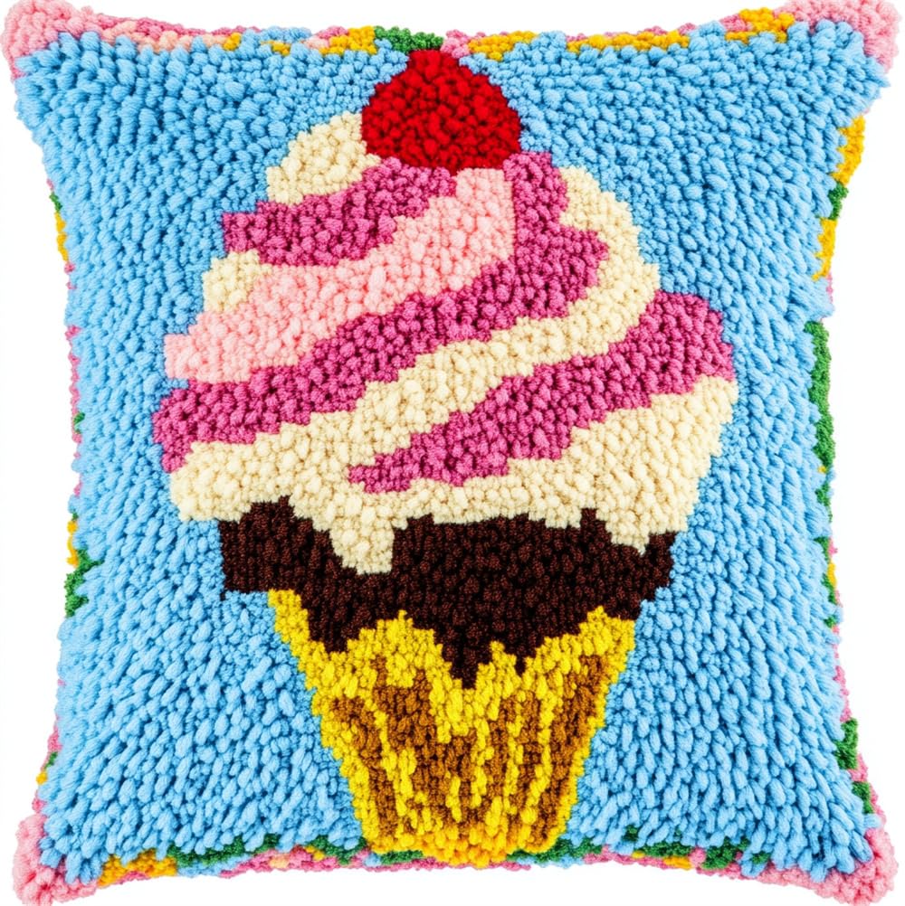Rqwybcaxn Latch Hook Cushion Kit, Ice Cream Knitting Kits Cushion, Rug Making Kit for Starters, Latch Hook Kit for Beginners Adults Or Children, Latch Hook Kit 43X43Cm/17X17 Inch
