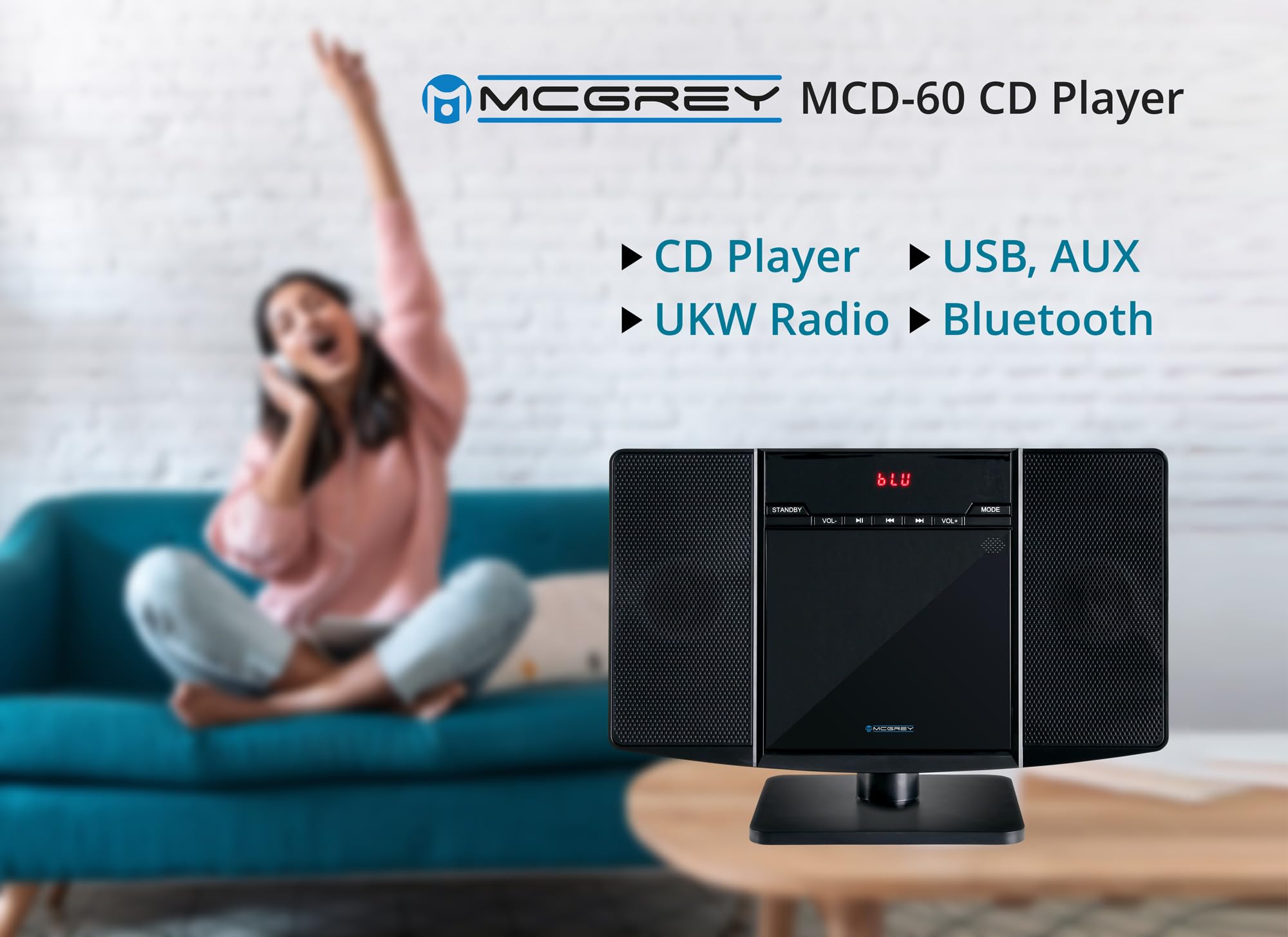 MCD-60 Système Stéréo Vertical (Lecteur CD/MP3, USB, Bluetooth, Entrée Aux, Montage sur Pied Ou Mural, Télécommande Incluse) Noir