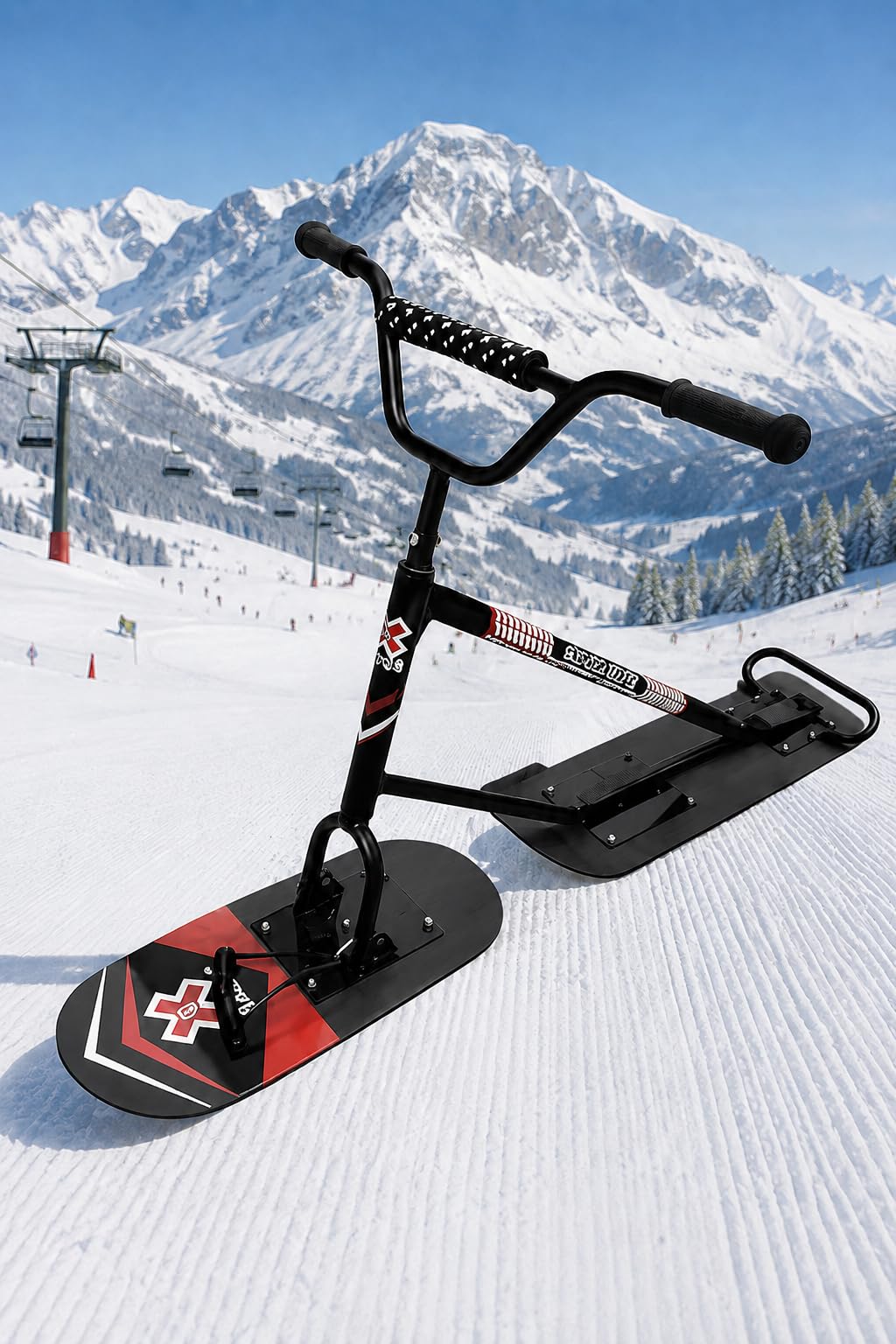 Monopattino/Snowboard per Adulti, Sterzo Fluido A 360°, Telaio Rinforzato, Anima in Acero, Impugnature Antiscivolo, capacità di Carico 100 kg, Divertimento Invernale al Massimo Black