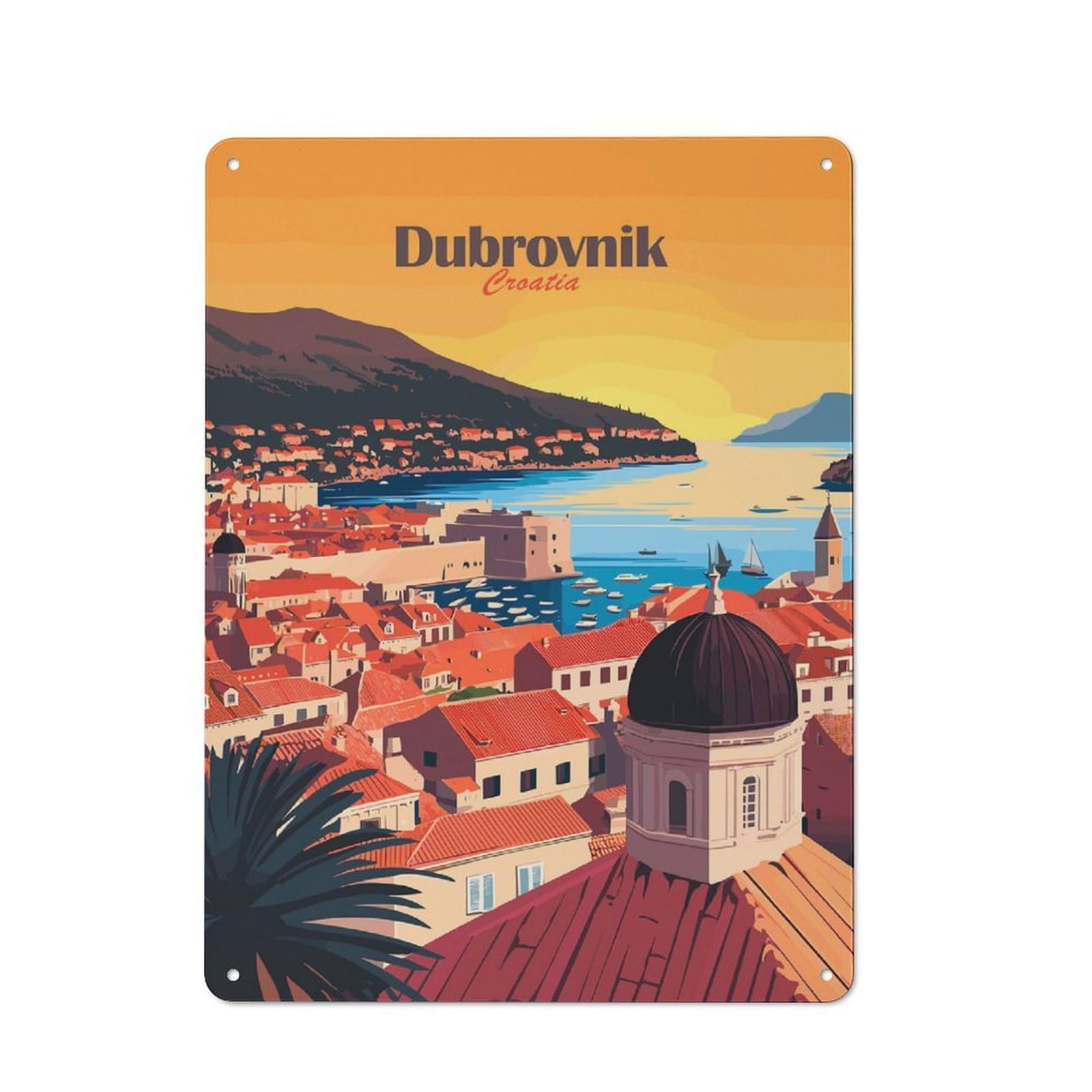 Junmoney Style-18 Modern Retro Decorative Metal Plaque 40X30cm Featuring Dubrovnik Cityscape(2), Loft Wall Plaque For Flat, Bar, Studio Or Gallery Wall