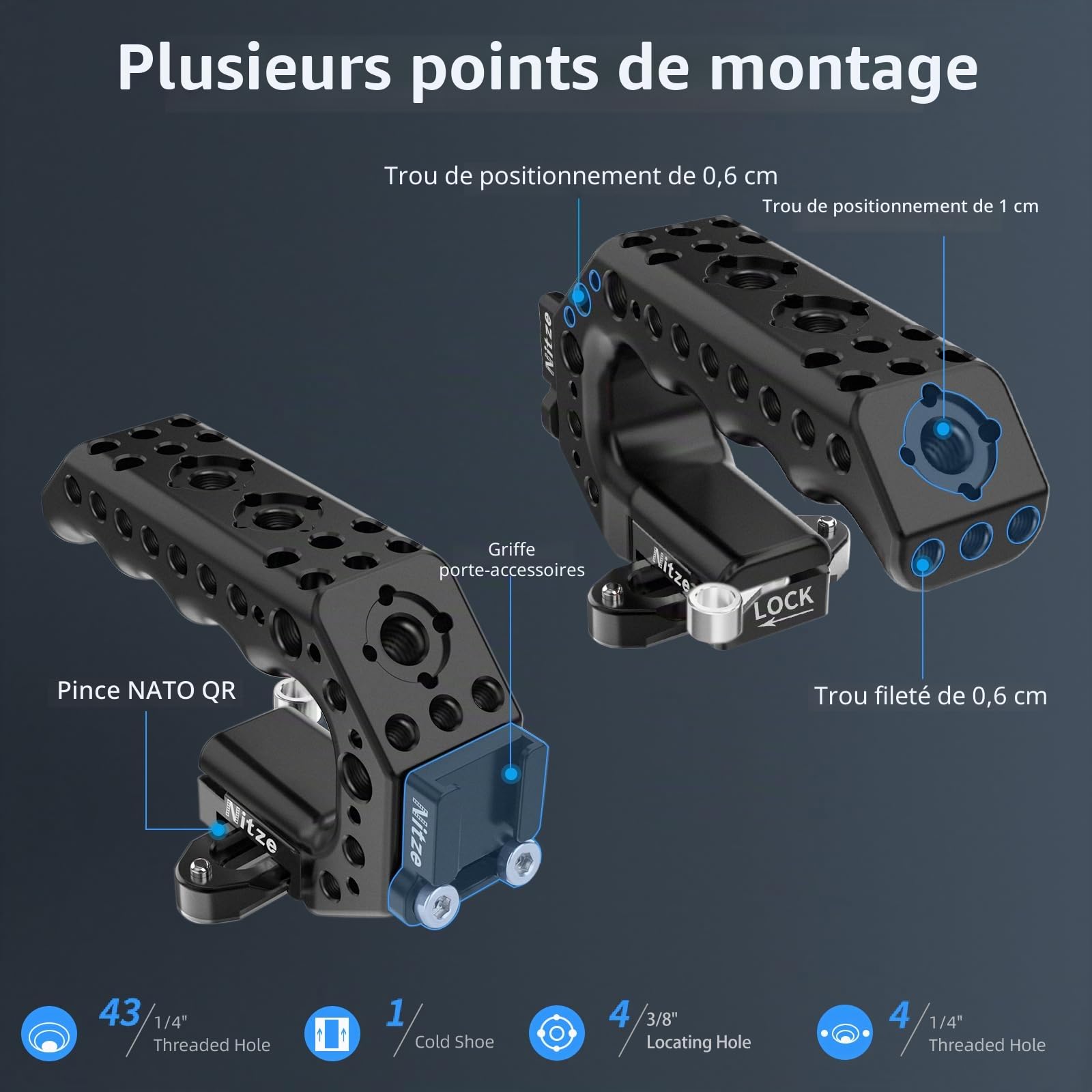 Nitze Poignée Supérieure NATO, NATO Top Handle de Caméra avec Pince QR NATO, NATO Rail et Cold Shoe Adapter pour Caméra, Cage d'Caméra (Lil Stinger Handle) - PA28M-AK