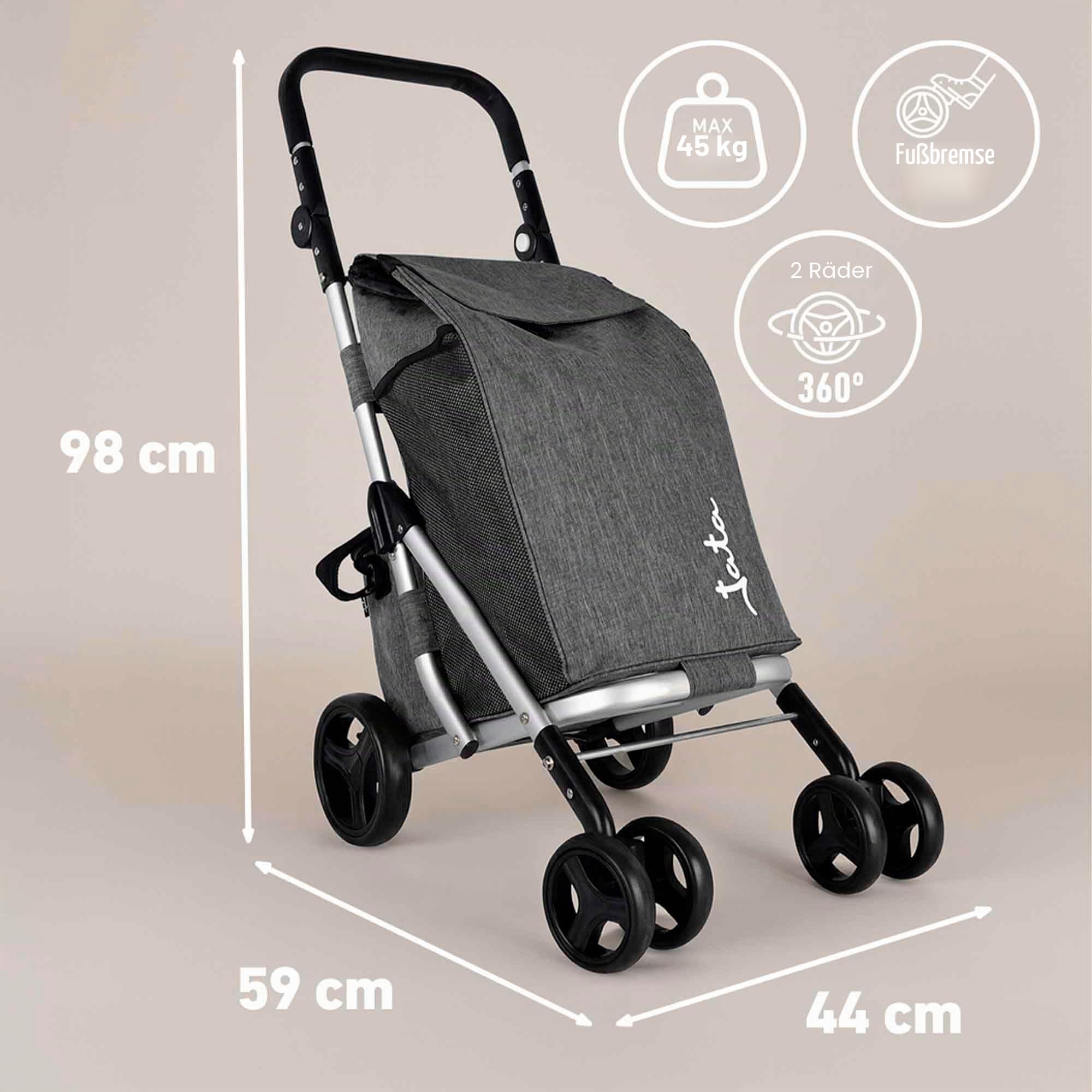 JATA HCAR2502 Einkaufstrolley mit 4 Rädern, 40 l, mit Kühltasche für Gefrierschrank, 2 Räder um 360 Grad drehbar, zusammenklappbar, mit Bremse, Aluminiumrahmen