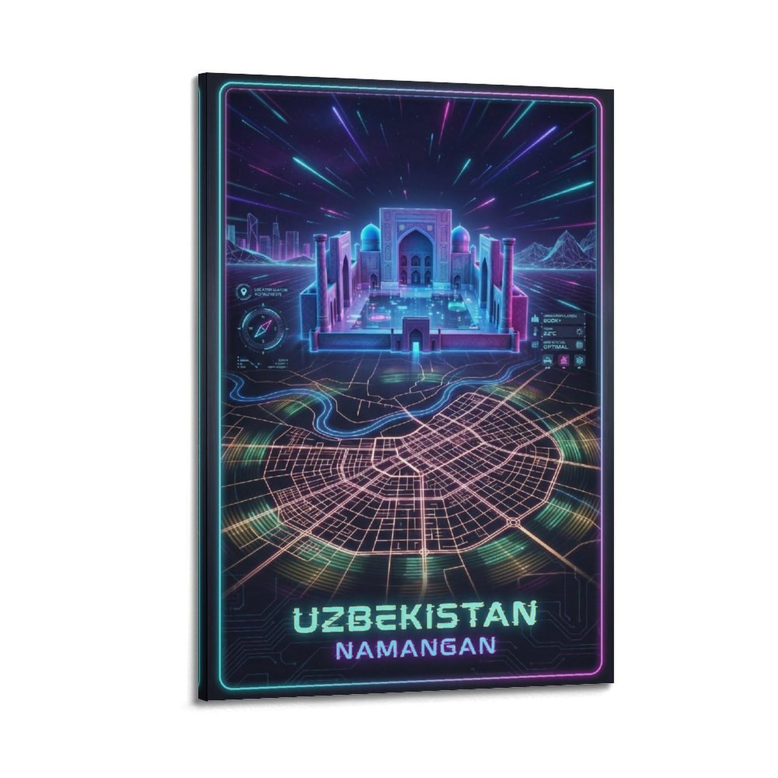 XKUGA Uzbekistan Khoja Amin Neon City Synthwave Map Poster Modern Decorative Canvas Prints - Ideal Wall Art for Family, Man Cave, Game Room, Boys & Girls Bedroom 24x36inch(60x90cm)
