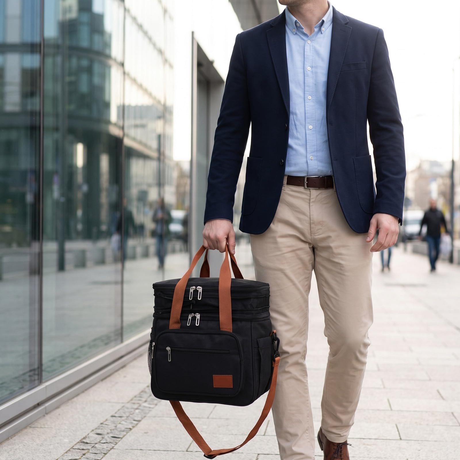 Operitacx Fiambrera de doble capa, bolsa térmica para el almuerzo, bolsa refrigeradora expandible, ligera a prueba de fugas con correa para el hombro, para hombres y mujeres, 28 x 26 x 25 cm.
