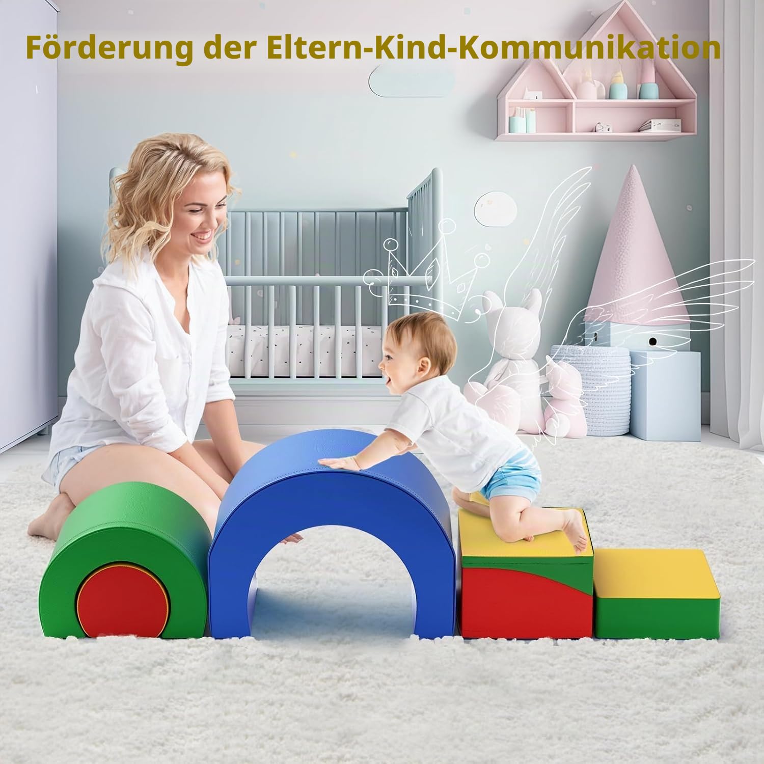 5-teiliges Weiches Baby Kletter-Set mit Krabbeltunnel & Rutsche, Motorikspielzeug ab 1 Jahr, Bunte Schaumstoff-Bausteine für Kinder, Sicher & Leicht, Fördert Kreativität & Bewegung