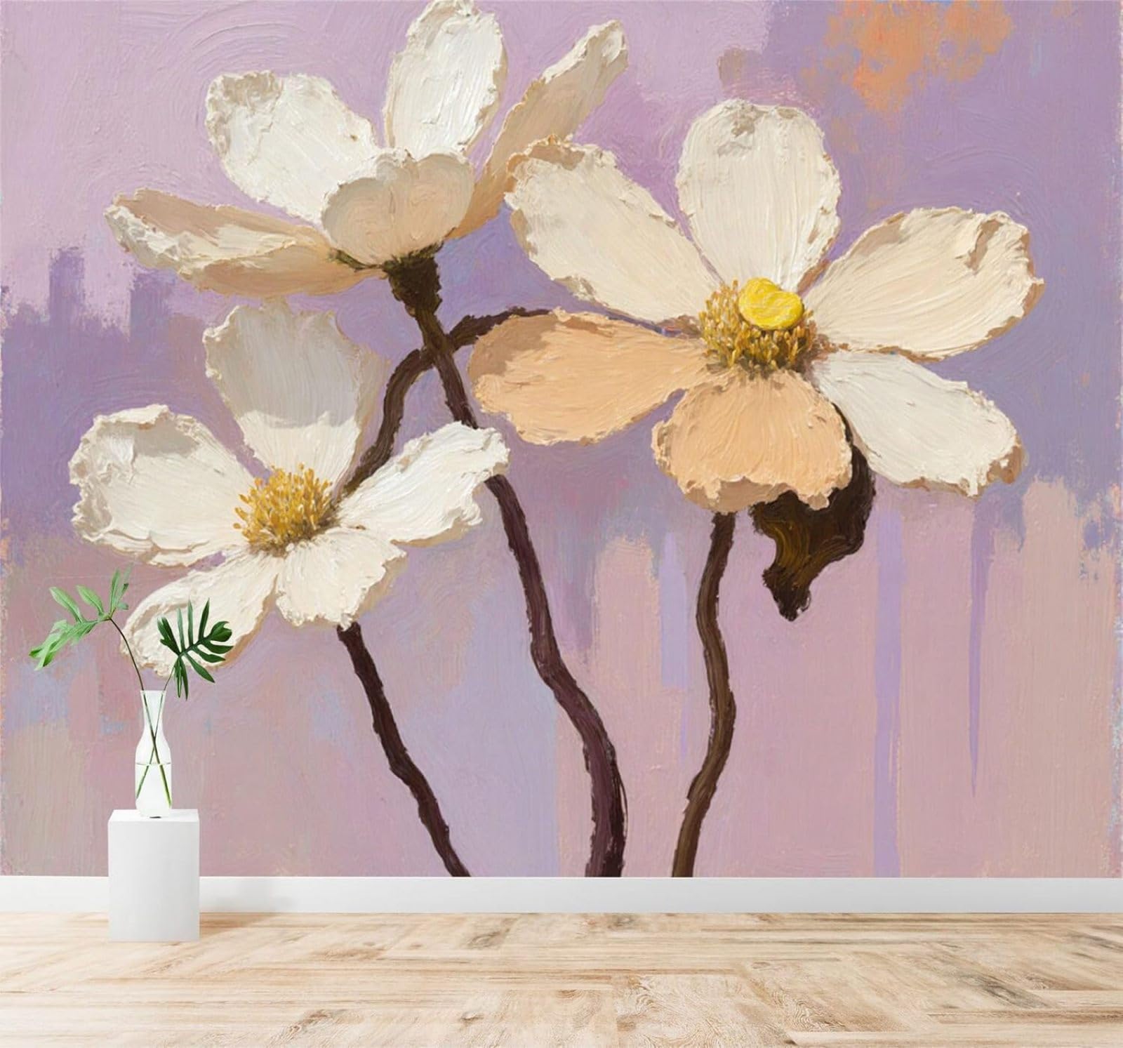 Tzxztt Abstract Purple Hand Drawn White Beige Flowers Modern 3D Wallpaper Premium Textured Silk Neutral Tones Material Ideal for Living Room Bedroom-430cm×300cm