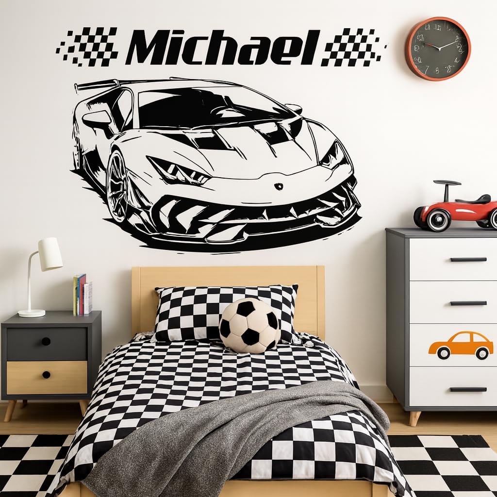 Personalized Name Racing Wall Decal – Custom Car Bedroom Decor for Boys – Sports Car Wall Sticker with Checkered Flag – Fast Car Kids Room Decoration Gift