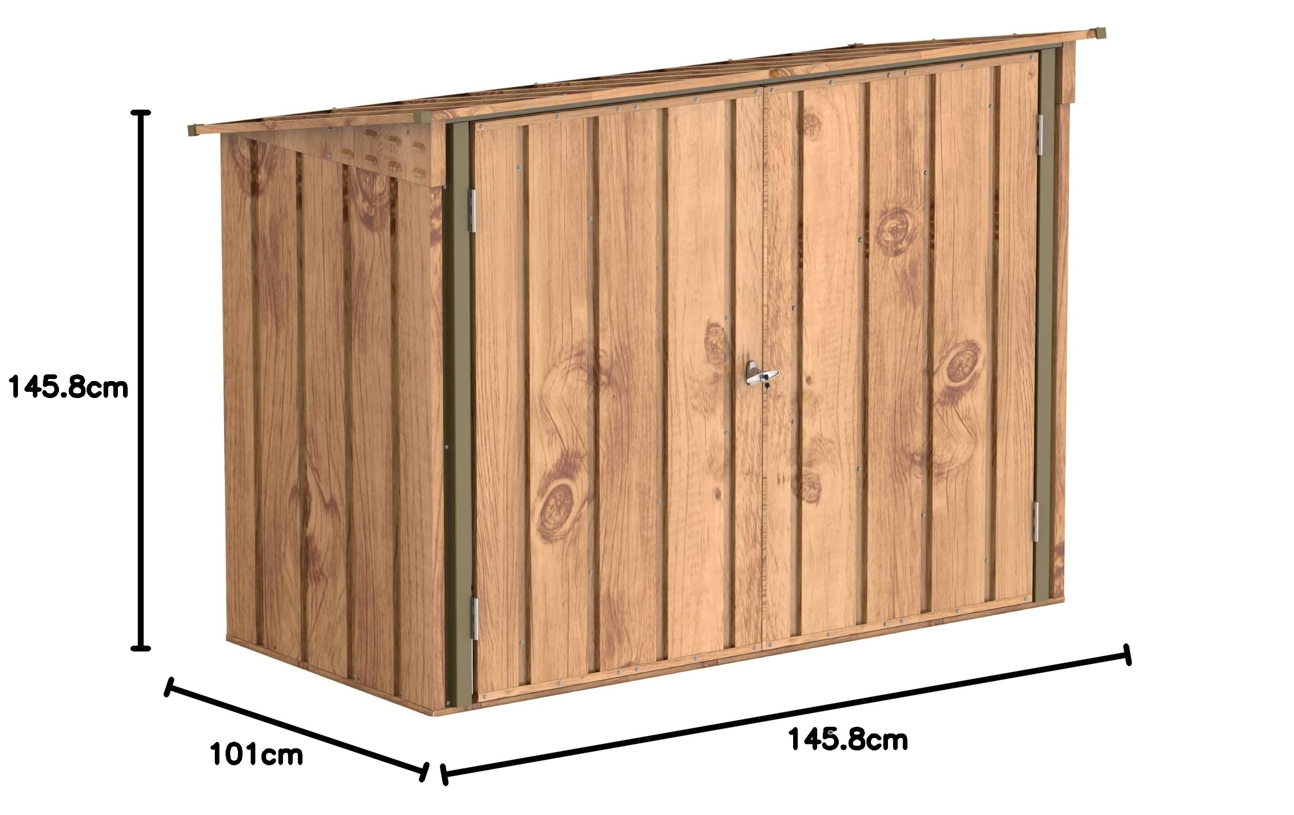 Duramax Abri à vélos pour 2 vélos avec portes doubles verrouillables entièrement larges, abri de stockage en métal, abri de jardin pour vélos, stockage de vélos, 203 x 101 x 146 cm, grain de bois