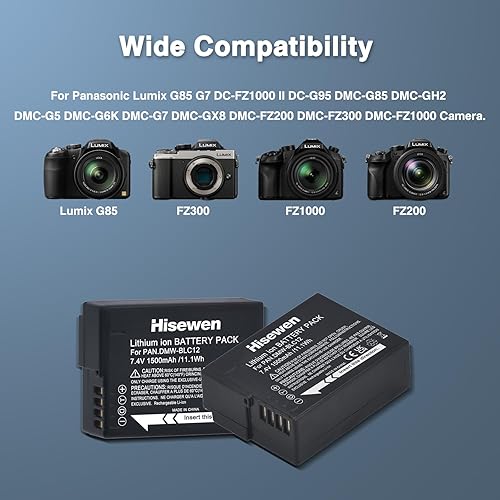 Miniatura 3 de Hisewen Batería DMW-BLC12 (paquete de 2) y cargador dual para cámara Panasonic Lumix G85, G7, DC-FZ1000 II, G95, DMC-G85, GH2, G5, G6, G7, GX8,