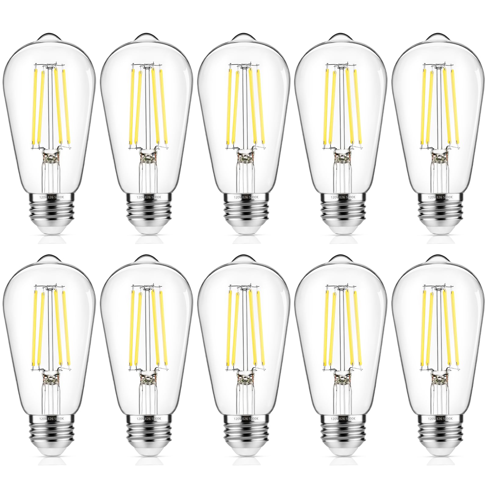 ASOMST Edison-Glühbirnen, Vintage-Glühbirnen, entspricht 60 W, 850 lm, 6 W, Tageslichtweiß, 5000 K, ST58 Glühfadenbeleuchtung, E26-Sockel, nicht dimmbar, 10 Stück