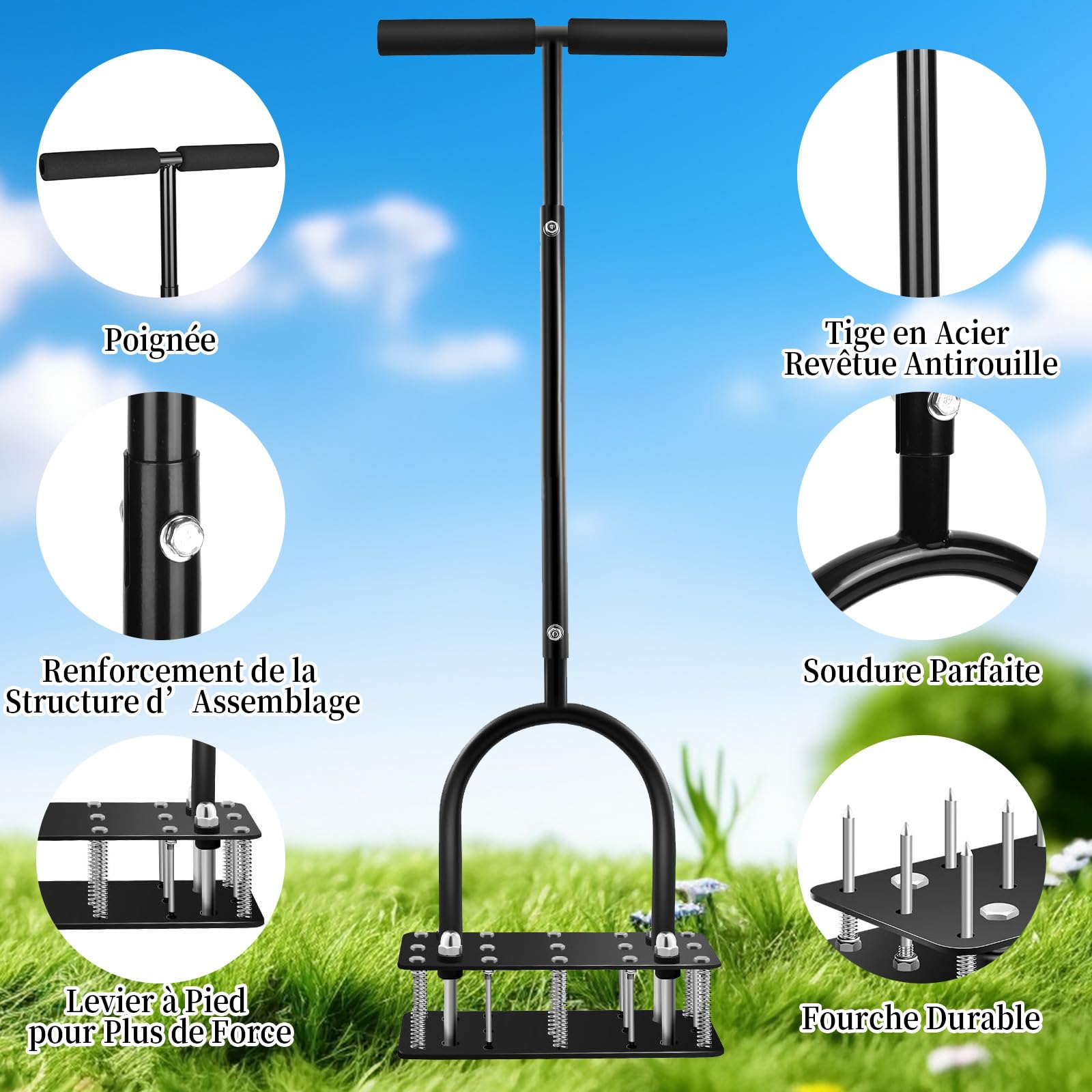 Scarificateur Gazon 96 cm, Aérateur Gazon avec 15 Pointes en Fer, Ne Colle Pas à La Terre, Scarificateur Pelouse pour Pelouse, Cour et Jardin