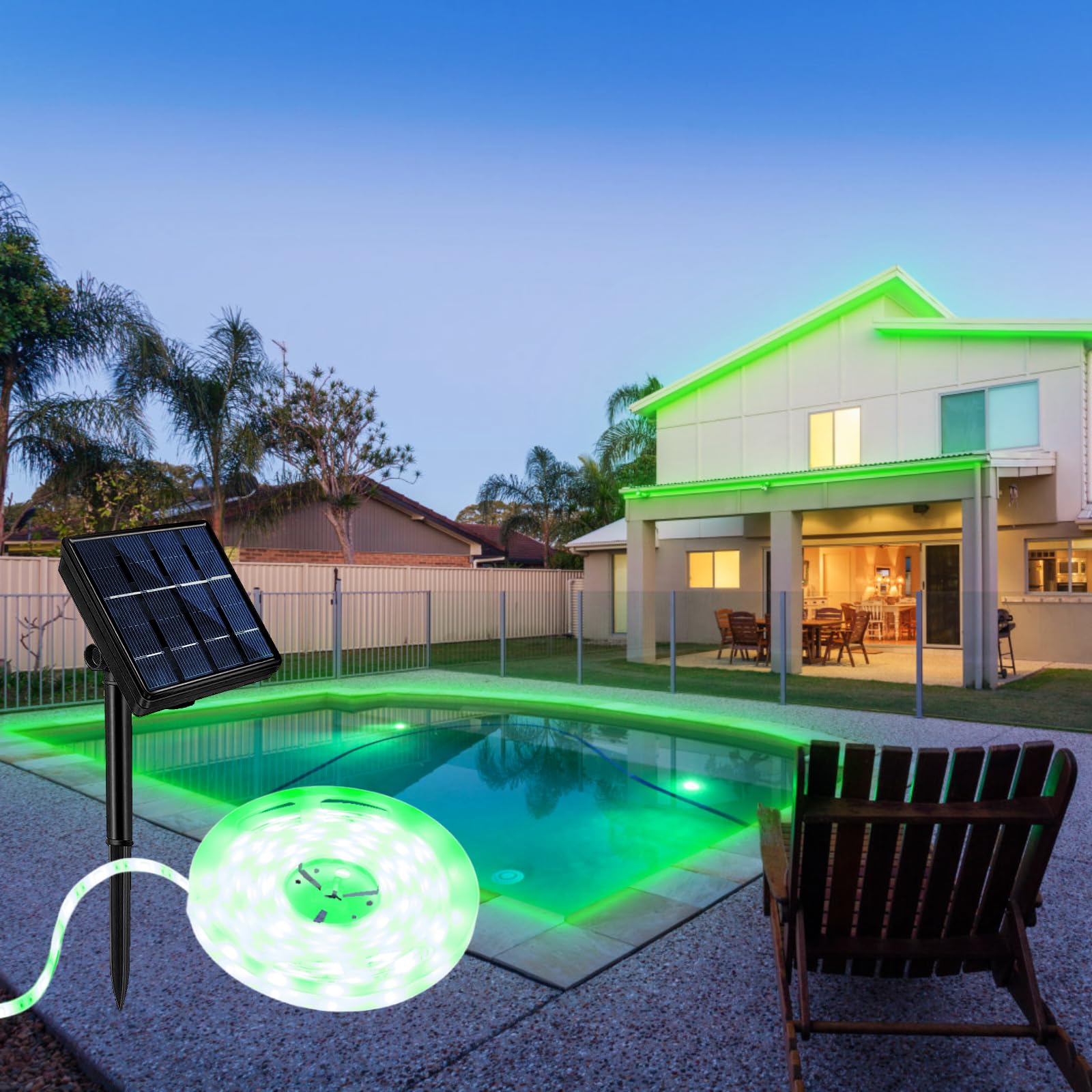 Aitesuo Solar LED Strip 5m, Grün Solarbetriebene LED Streifen Außen, Dimmbar, 180 LEDs, 8 Modi, Schneidbar, IP65 Wasserdicht, LED Band Selbstklebend für Party, Garten, Zuhause, Terrasse, Ostern