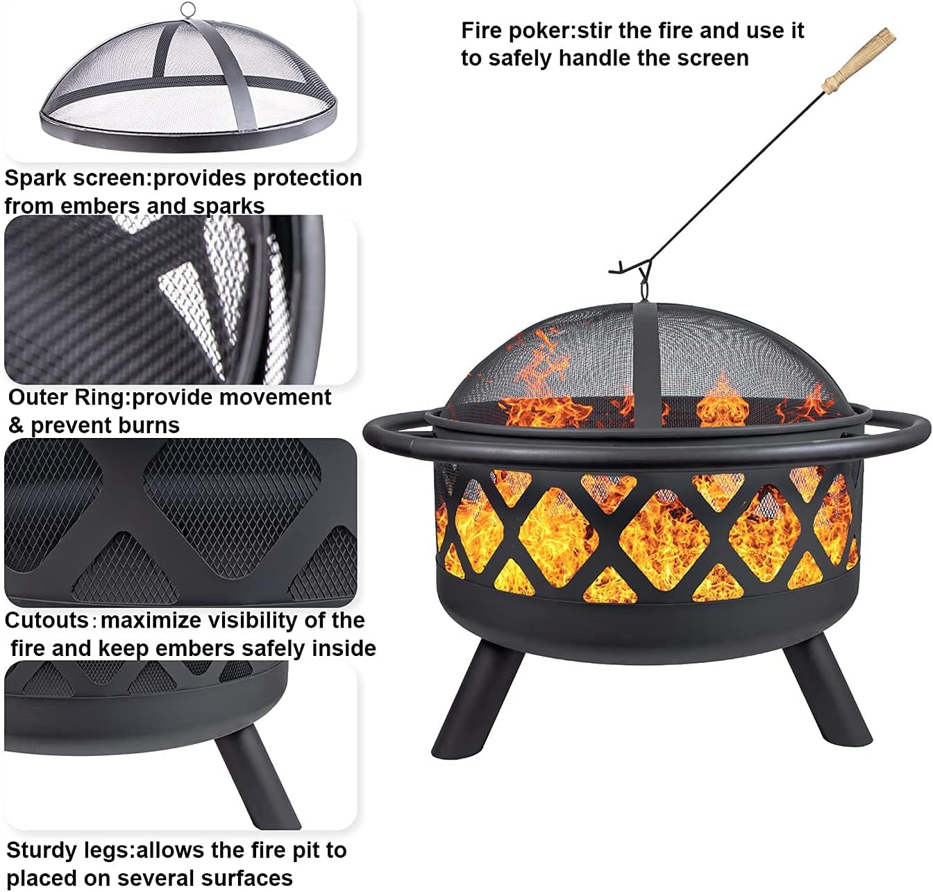 Fire Pits 30'' Outdoor Wood Burning Firepit Bowl with Spark Screen Cover Log Grate Fire Poker Steel Round Fireplace for Outside Camping Bonfire Beach Patio Backyard,Black1