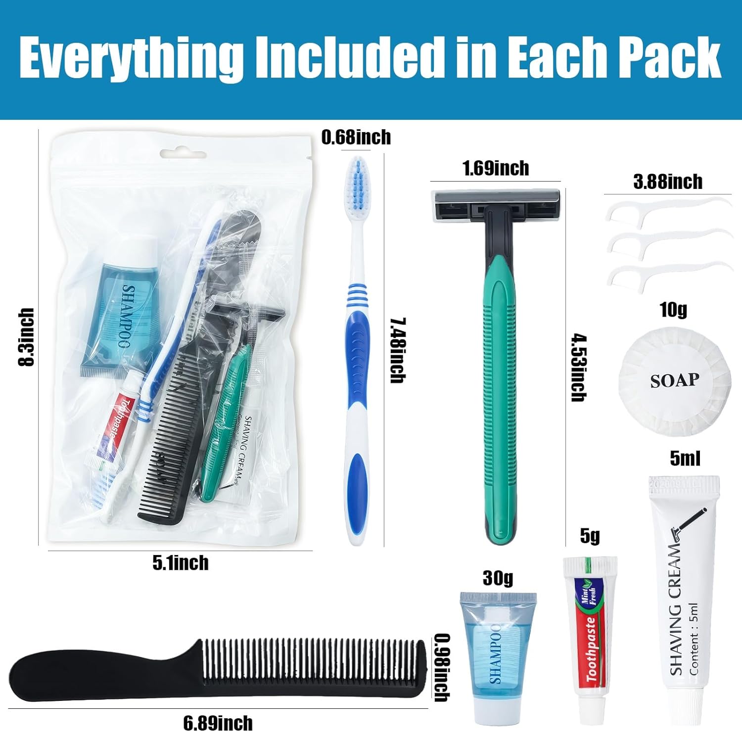 50 Pack Hygiene Kits for Homeless in Bulk, 8-in-1 Personal Toiletry Kit Individually Packed with Toothbrush, Toothpaste, Comb, Flossers,Shampoo, Soap, Razor & Shaving Cream - Image 2