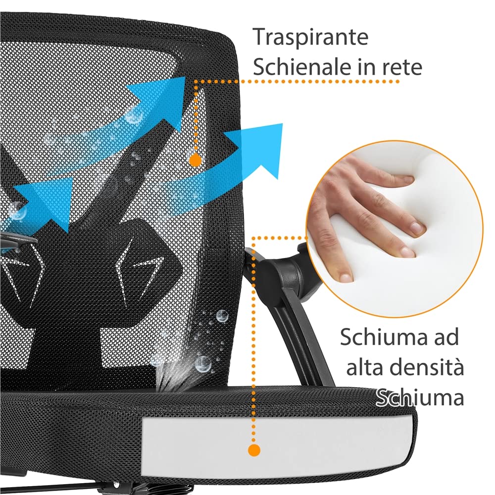 Yaheetech Sedia da Ufficio Scrivania Ergonomica Lombare con Braccioli Altezza Regolabili Ruote Girevoli Schienale in Rete Traspirante Portata 136 kg Nera