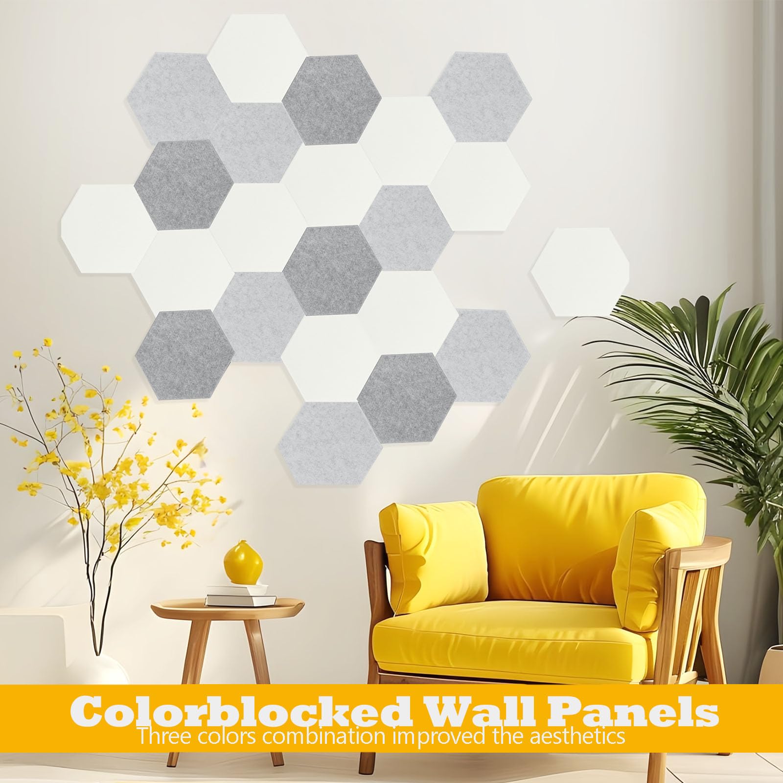 Paneles acústicos, paquete de 12 paneles de pared de 14 x 12 x 0.4 pulgadas, paneles acústicos de alta densidad que absorben el sonido con autoadhesivos, paneles hexagonales a prueba de