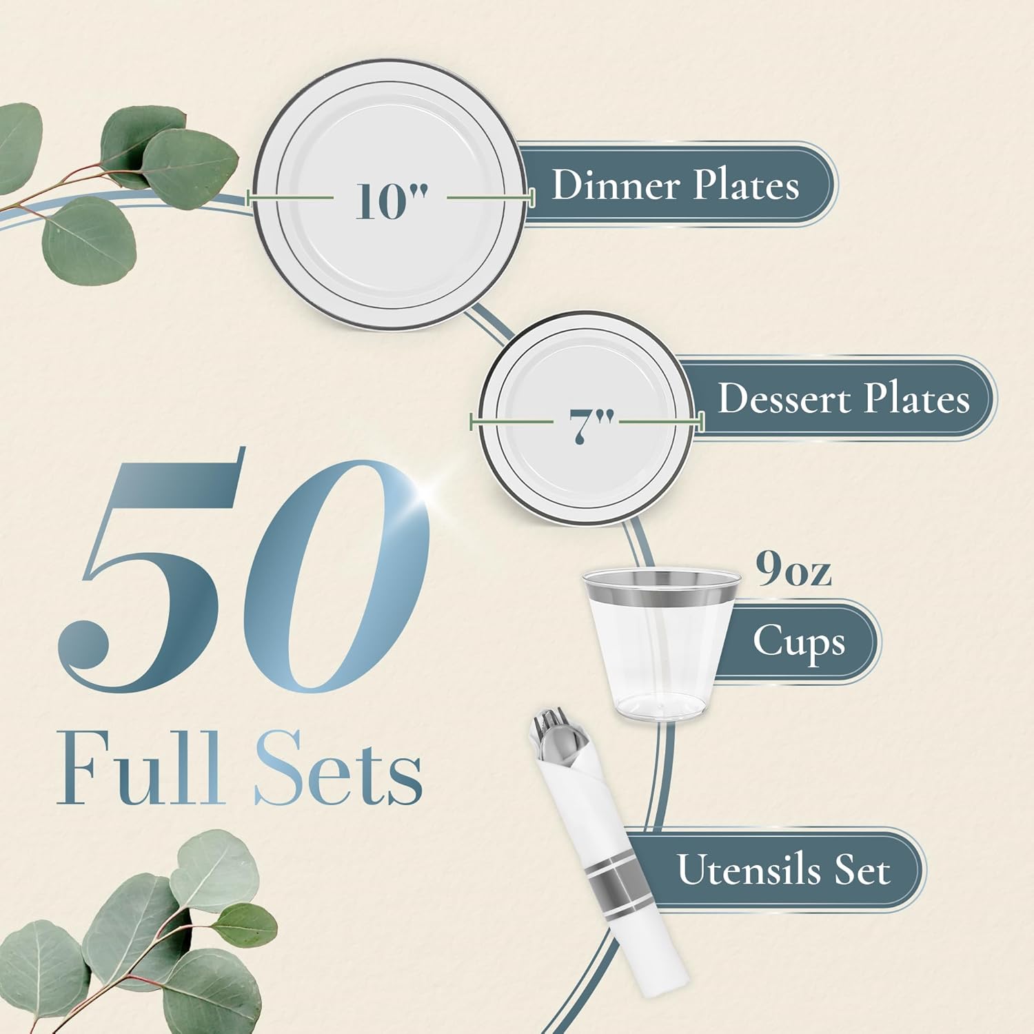 Reli. Plastic Plates for Party | 350 Pcs | White w/Silver Rim | Plates and Napkins Party Supplies | Disposable Dinnerware Set for 50 Guests |Dinner & Dessert Pack, Pre-Rolled Silver Cutlery Set, Cups