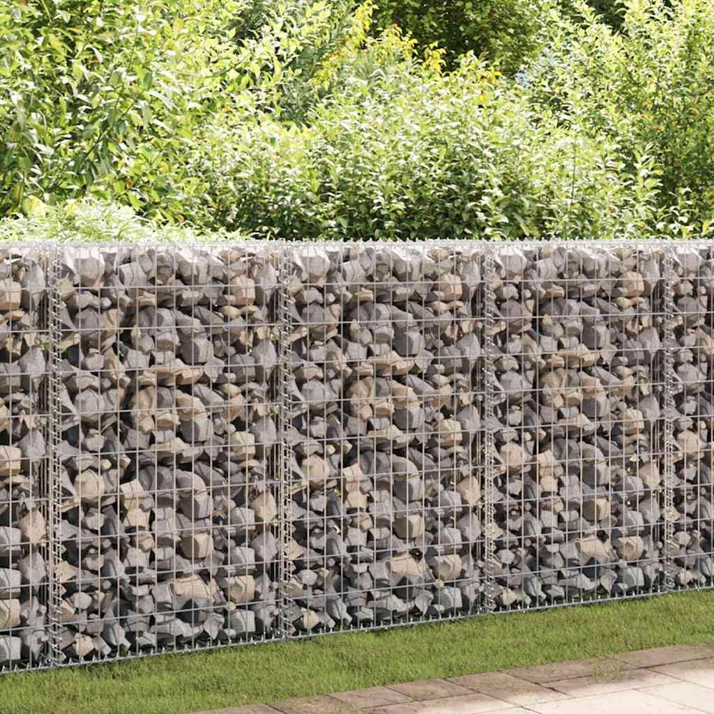 Gabion wall filled with stones in a garden setting