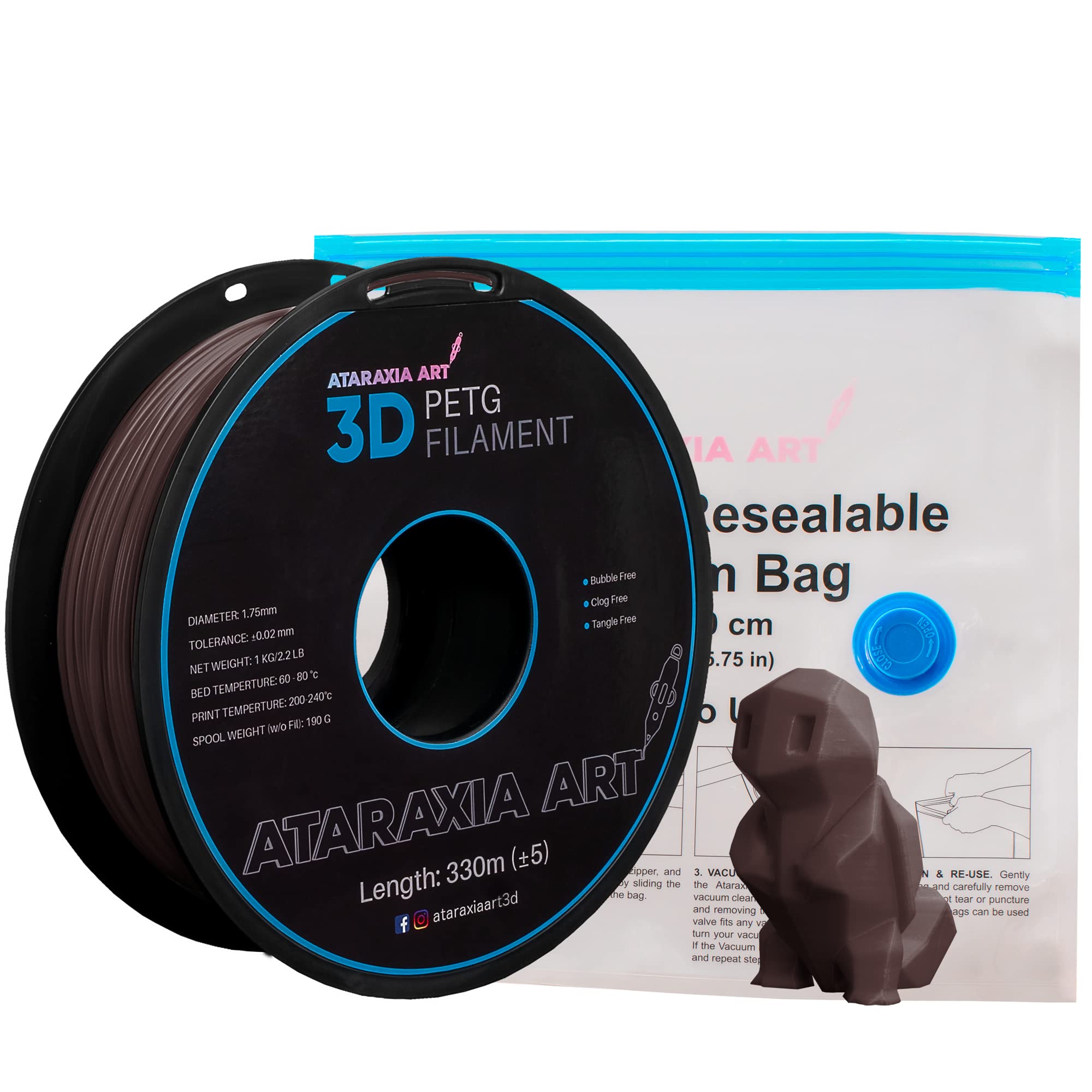 ATARAXIA ART 3D PETG Filament 1.75mm, 3D Printing Filament 1 Kg Spool (2.2 lb), Dimensional Accuracy +/- 0.02mm, Include Filament Resealable Vacuum Bag, Fit Most FDM Printer, Brown 1.75 Filament