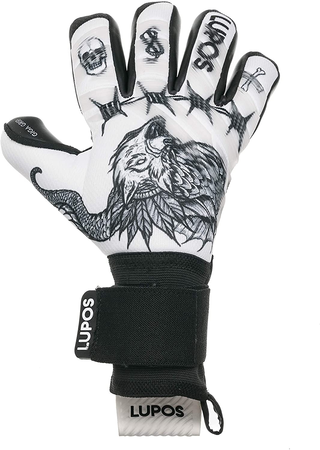 LUPOS Guanti da portiere per adulti e bambini, taglio negativo, 4 + 3 mm, Giga Grip Palm, dorso in rete con stampa digitale e modanature trasparenti in silicone.