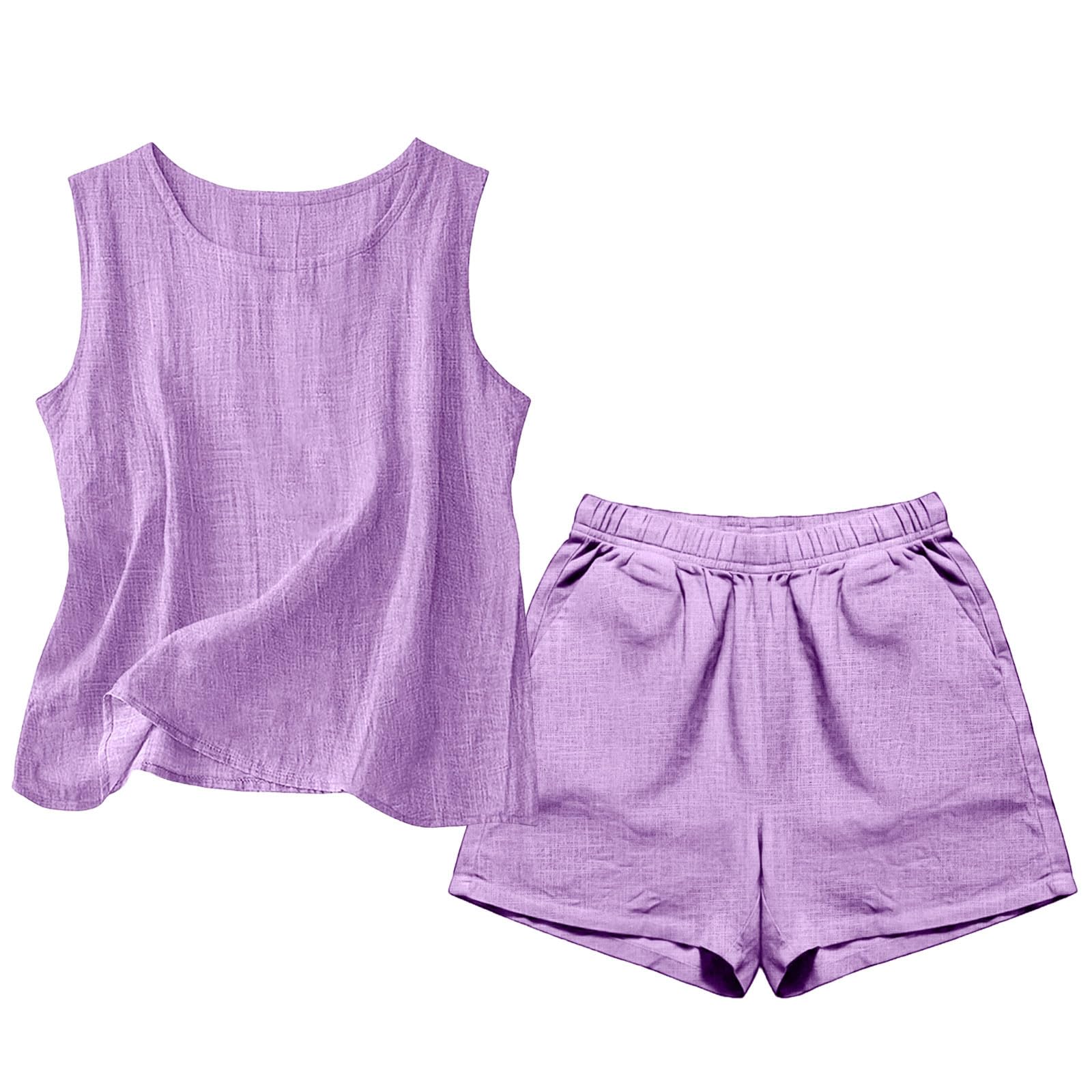 Zweiteiler Damen Sommer Leinen Tank Top und Shorts 2-Teilig Ärmellos Musselin Hosenanzug Leichte Einfarbig Outfits Atmungsaktiv Freizeitanzug Loungewear mit Taschen