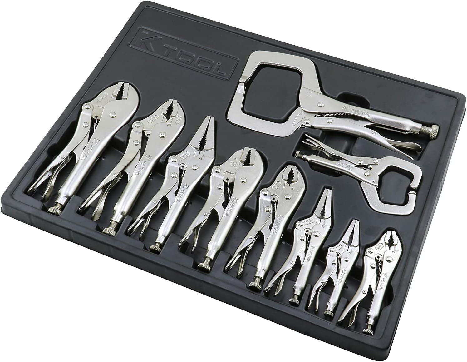 K Tool International 58730 Automotive Vice Grip Locking Straight, Curved Jaw, Needle Nose Plier Set for Garages, Repair Shops, and DIY, Heat Treated Nickel Plated Steel, Organizing Tray, 10 Piece