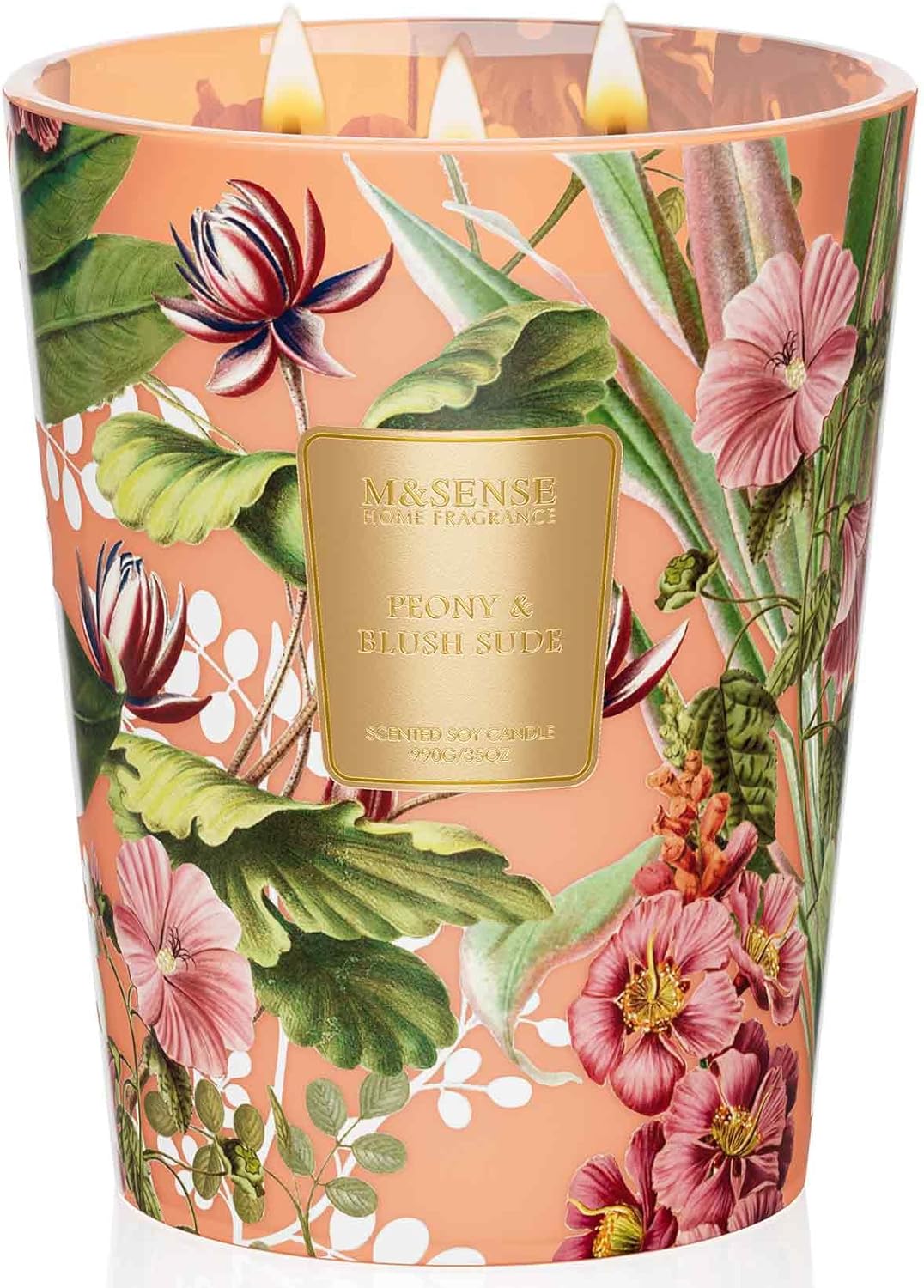 MSENSE Peony & Blush Suede Soy Candle 35oz: 150-Hour 3-Wick Burn, Non-Toxic Natural Jar for Cozy Decor & Gifts
