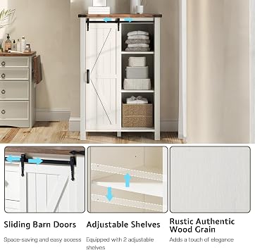 31.5 Farmhouse 4-Drawer Dresser with Barn Doors, Rustic White | 3 Internal Compartments, 2 Adjustable Shelves, Dual Tracks, Corner Brackets, Square Metal Handles, Dual Anti-Tip Hardware