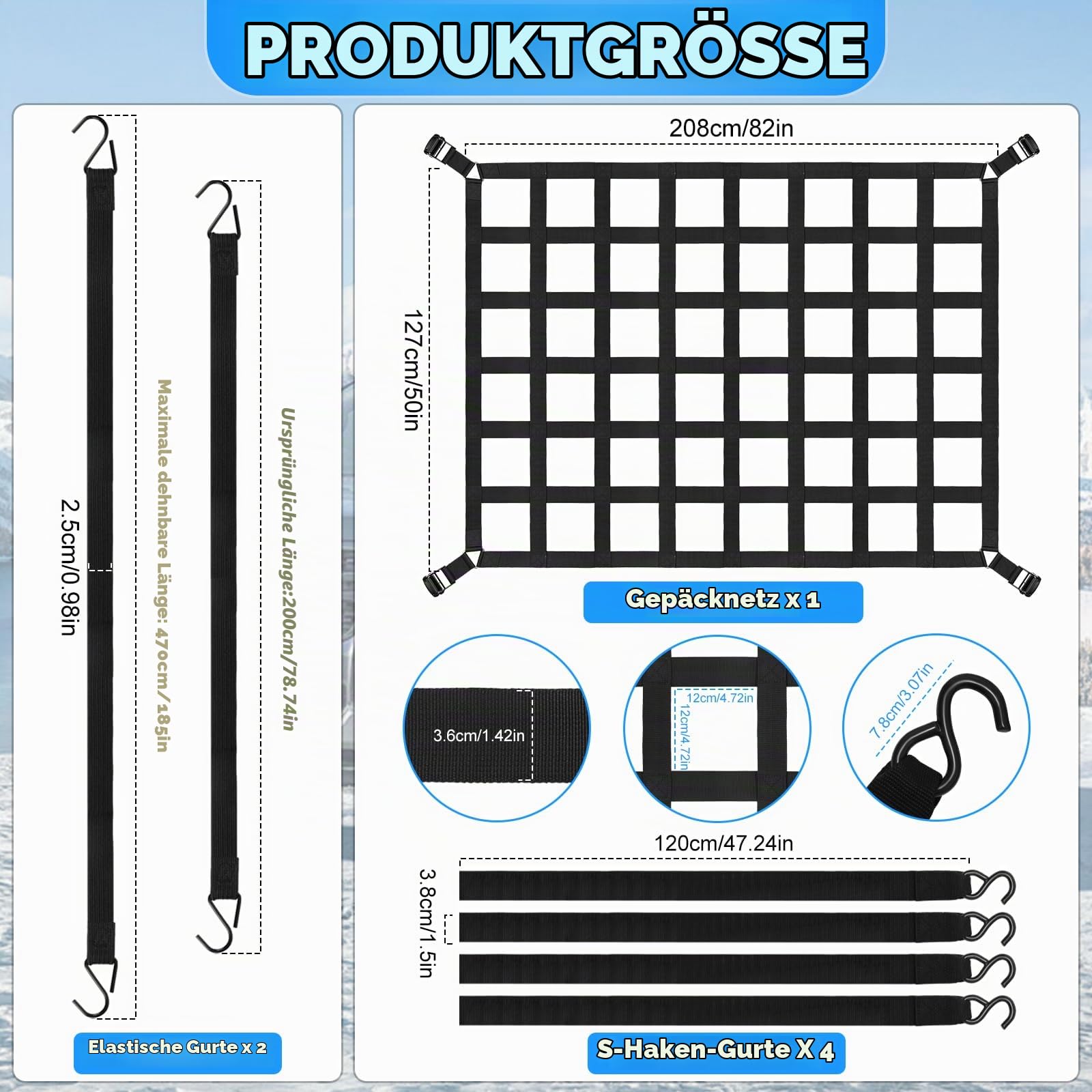 Gepäcknetz für Pickup & LKW, 208x127cm Verstellbar Anhängernetz, Ladungssicherungsnetz, Reißfest Heckklappe Frachtnetz, mit 4 Festgurten und 2 Gummiband, Nylonmaterial Netzdesign, für Kofferraum, SUVs