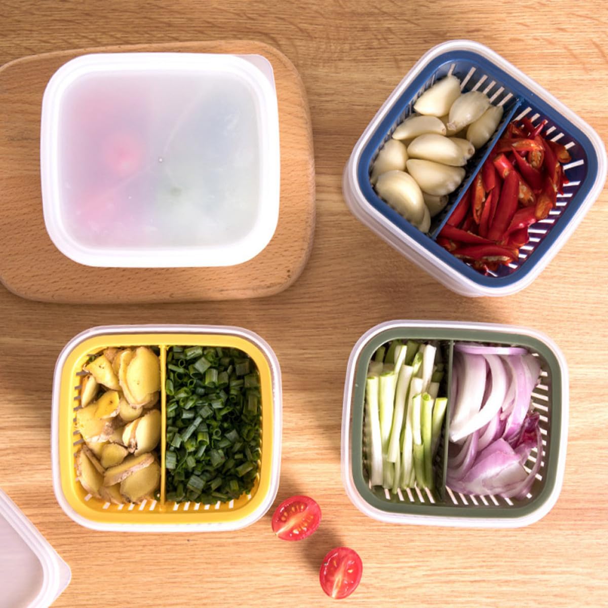 Set 4 Pezzi Contenitori per Alimenti Freschi Coperchio Ermetico in Pp, Scatole Multifunzionali per Conservare Spezie e Cibi nel Frigorifero