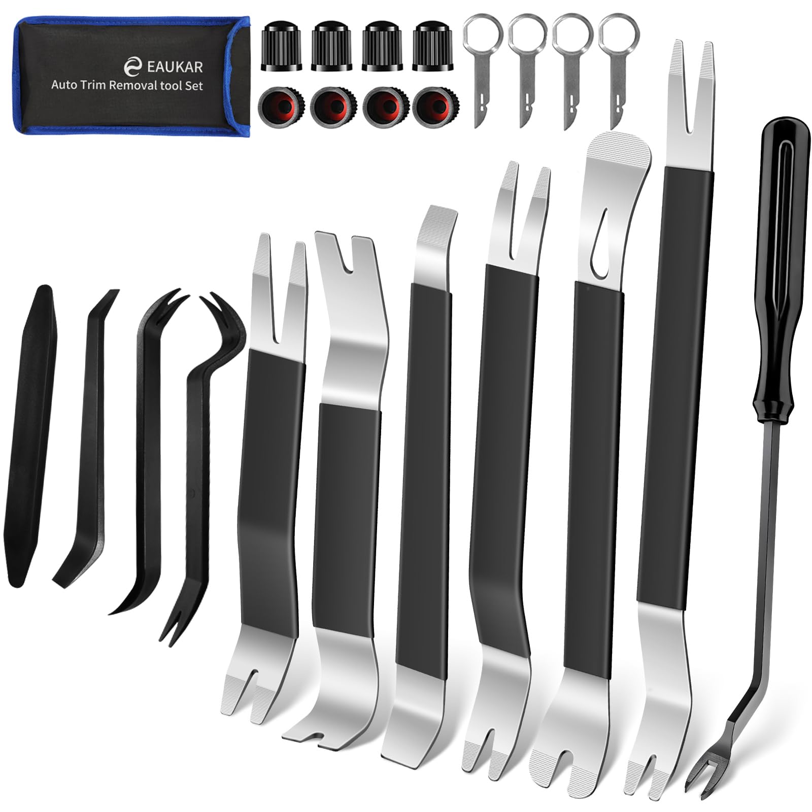 24 Pcs Auto Trim Removal Tool Kit, Metal Car Removal Tool Kit Fastener Remover Steel Pry Bar Door Panel Window Audio Radio Dashboard Removal Tool Set (Silver/Black)
